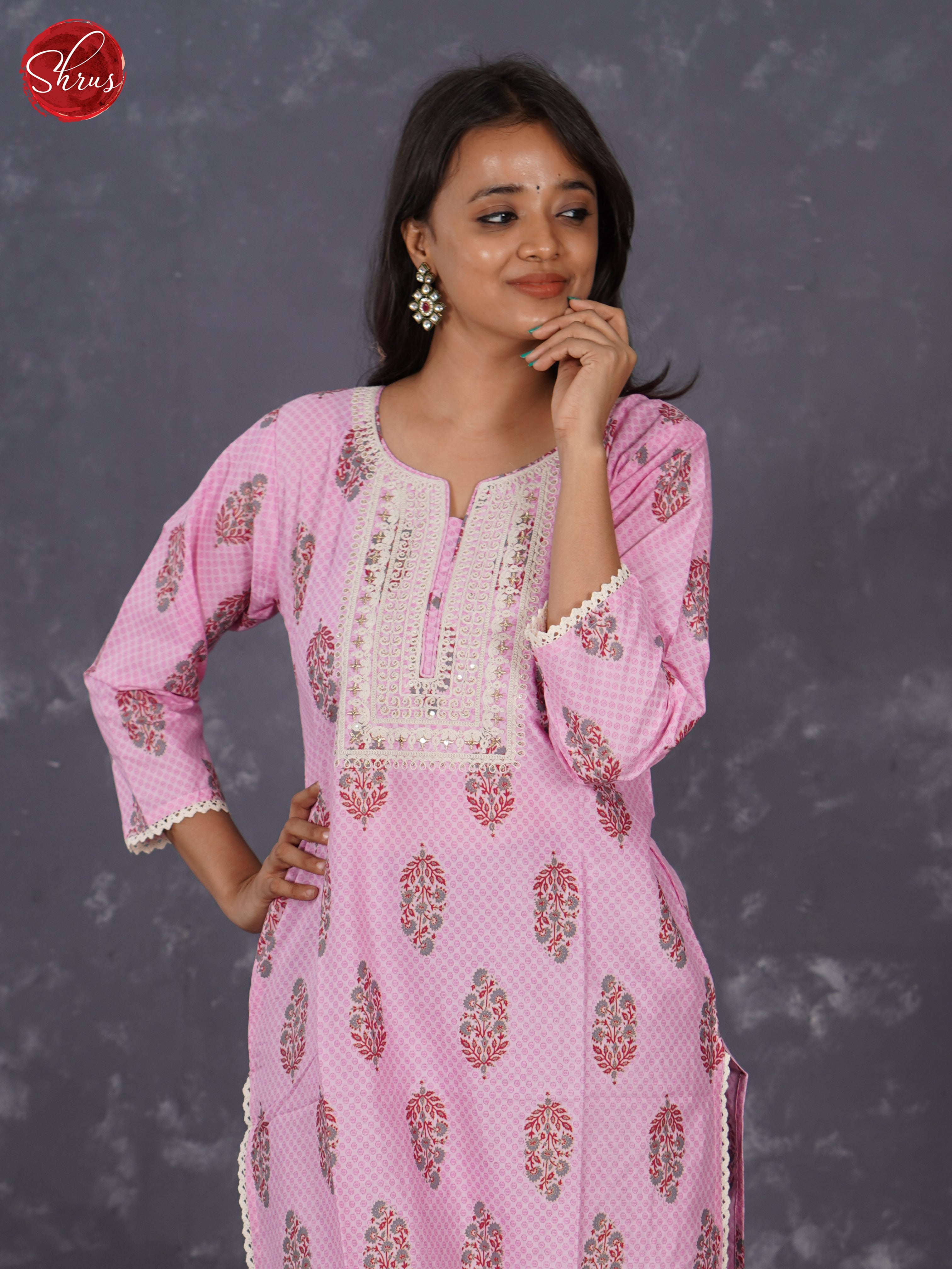 Pink - Readymade kurti top with floral print & Lace embroidery - Shop on ShrusEternity.com