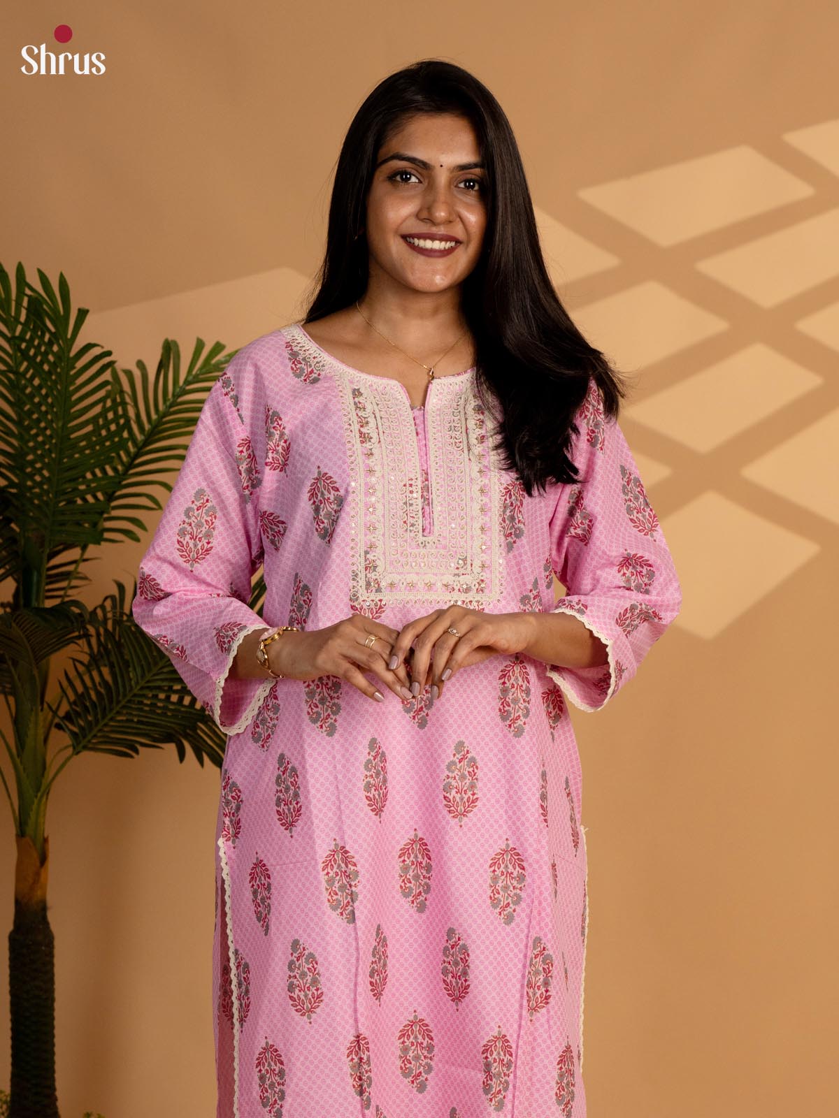 Pink - Readymade kurti top with floral print & Lace embroidery - Shop on ShrusEternity.com