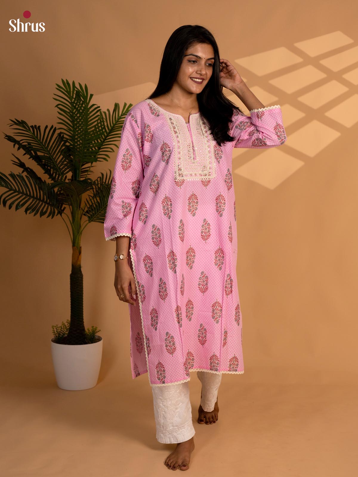 Pink - Readymade kurti top with floral print & Lace embroidery - Shop on ShrusEternity.com