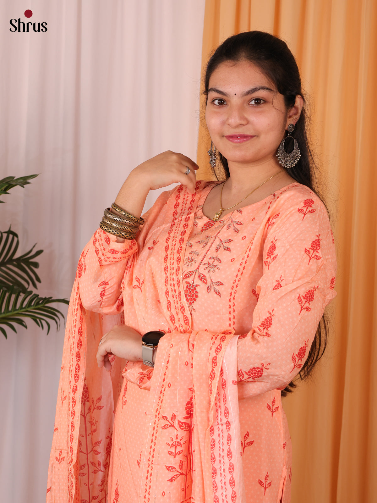 Peach & Brick - Rayon Printed Top with Sequence work 3 Piece Readymade Salwar - Shop on ShrusEternity.com