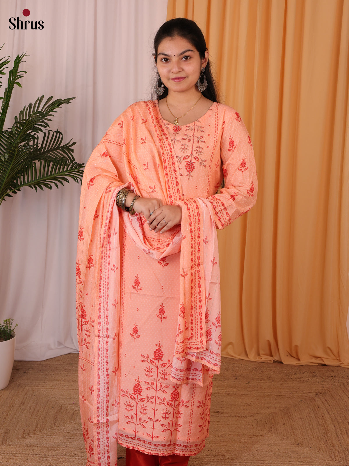 Peach & Brick - Rayon Printed Top with Sequence work 3 Piece Readymade Salwar - Shop on ShrusEternity.com