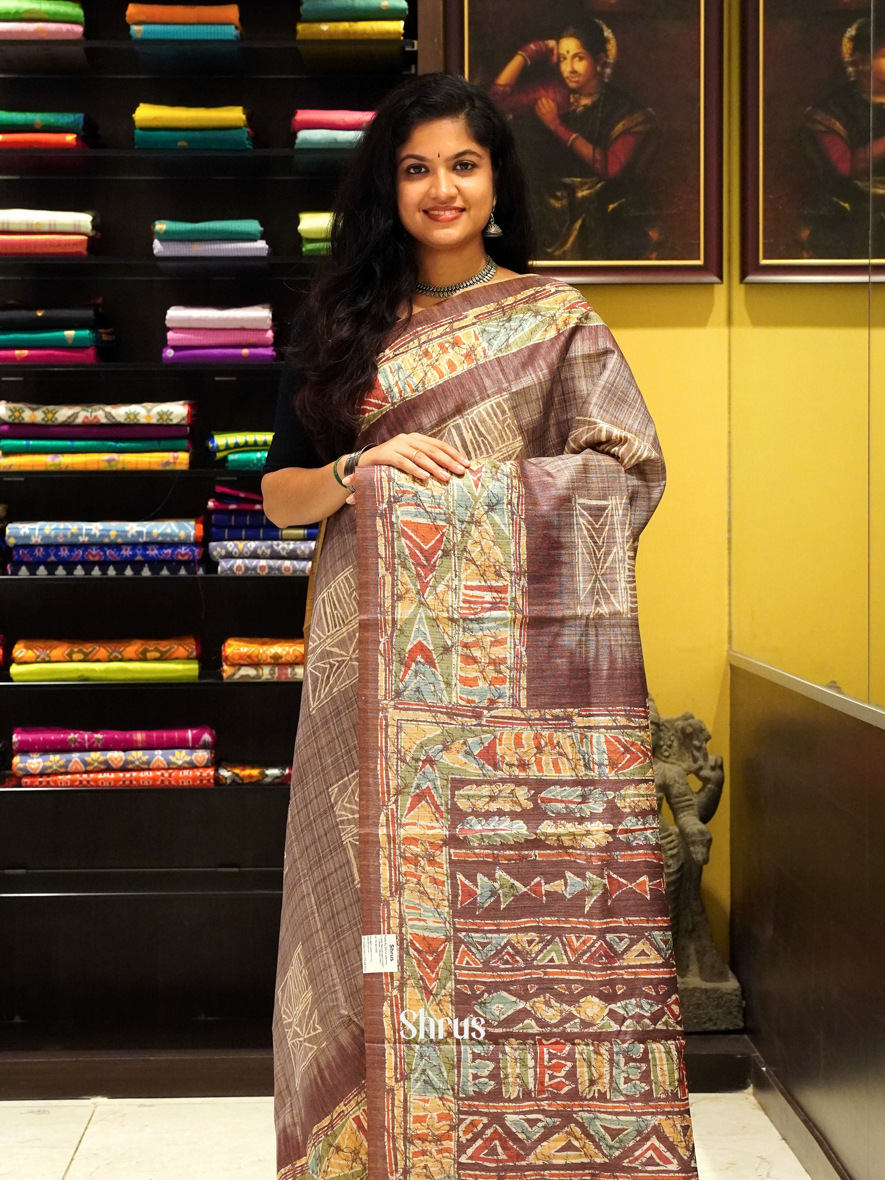 Brown - Semi Gicha Saree - Shop on ShrusEternity.com