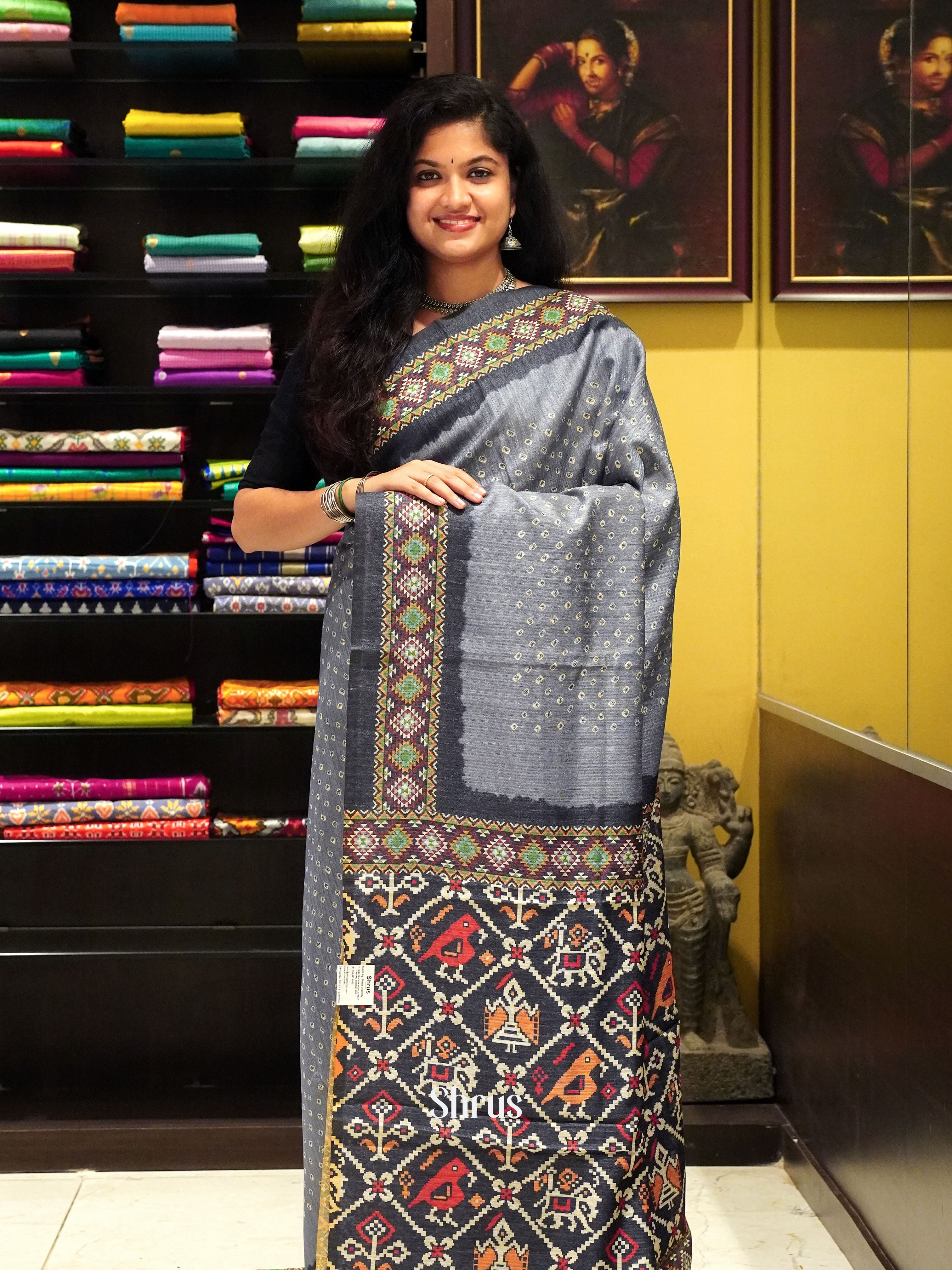 Bluish Grey & Blue- Semi Gicha Saree - Shop on ShrusEternity.com