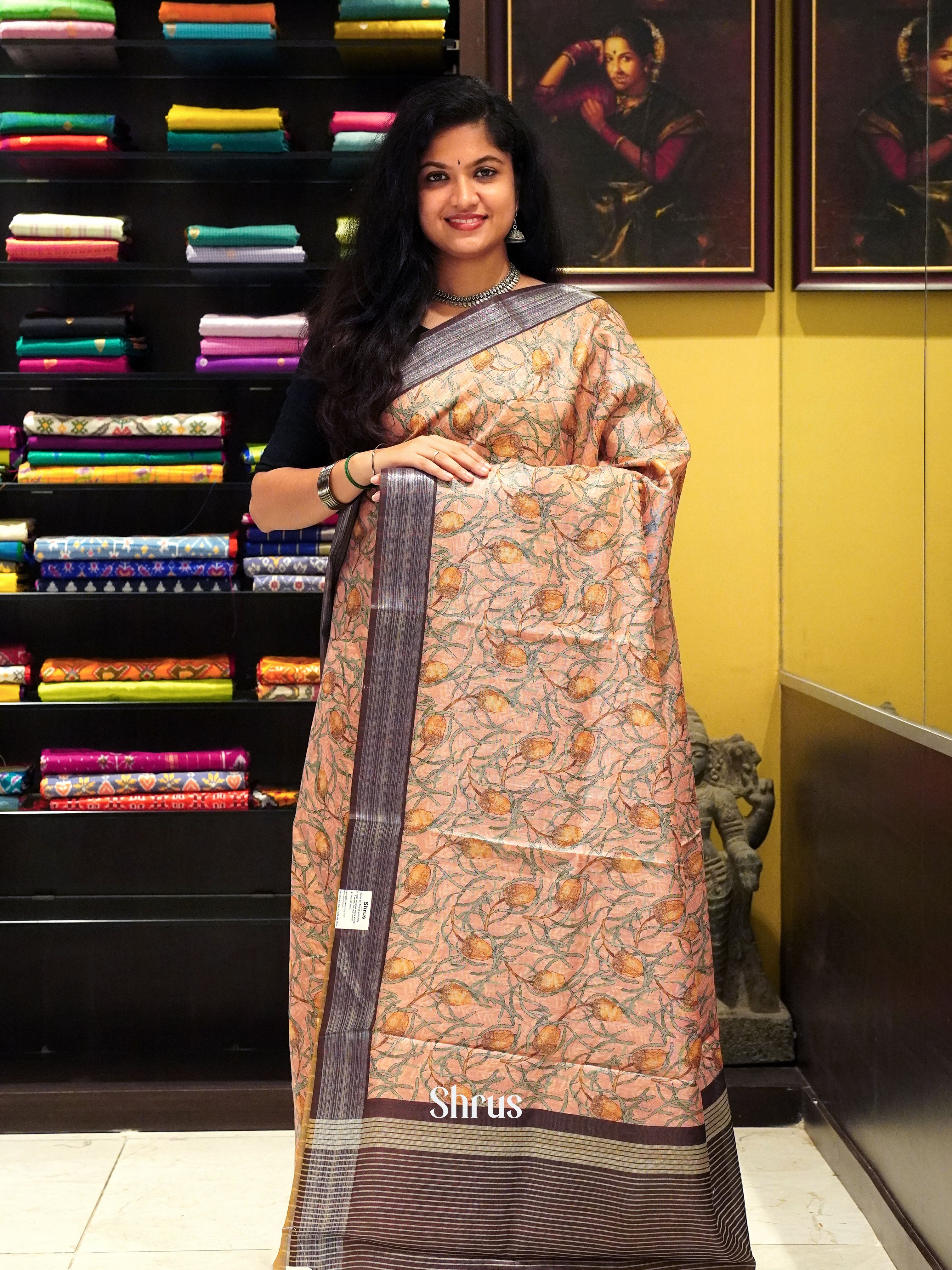 Peach & Brown- Semi gicha Saree - Shop on ShrusEternity.com