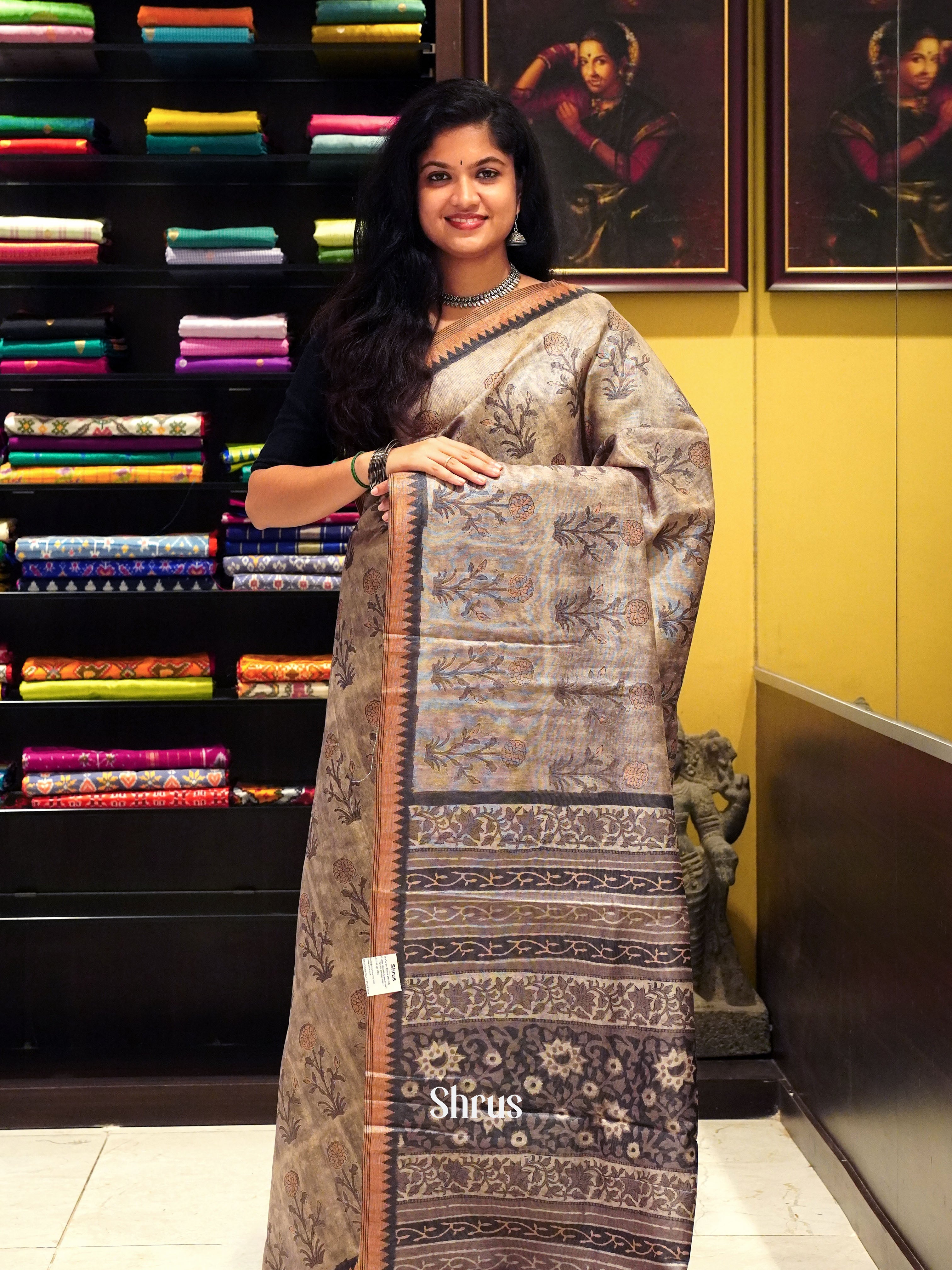 Light Brown & Black - Semi gicha Saree - Shop on ShrusEternity.com
