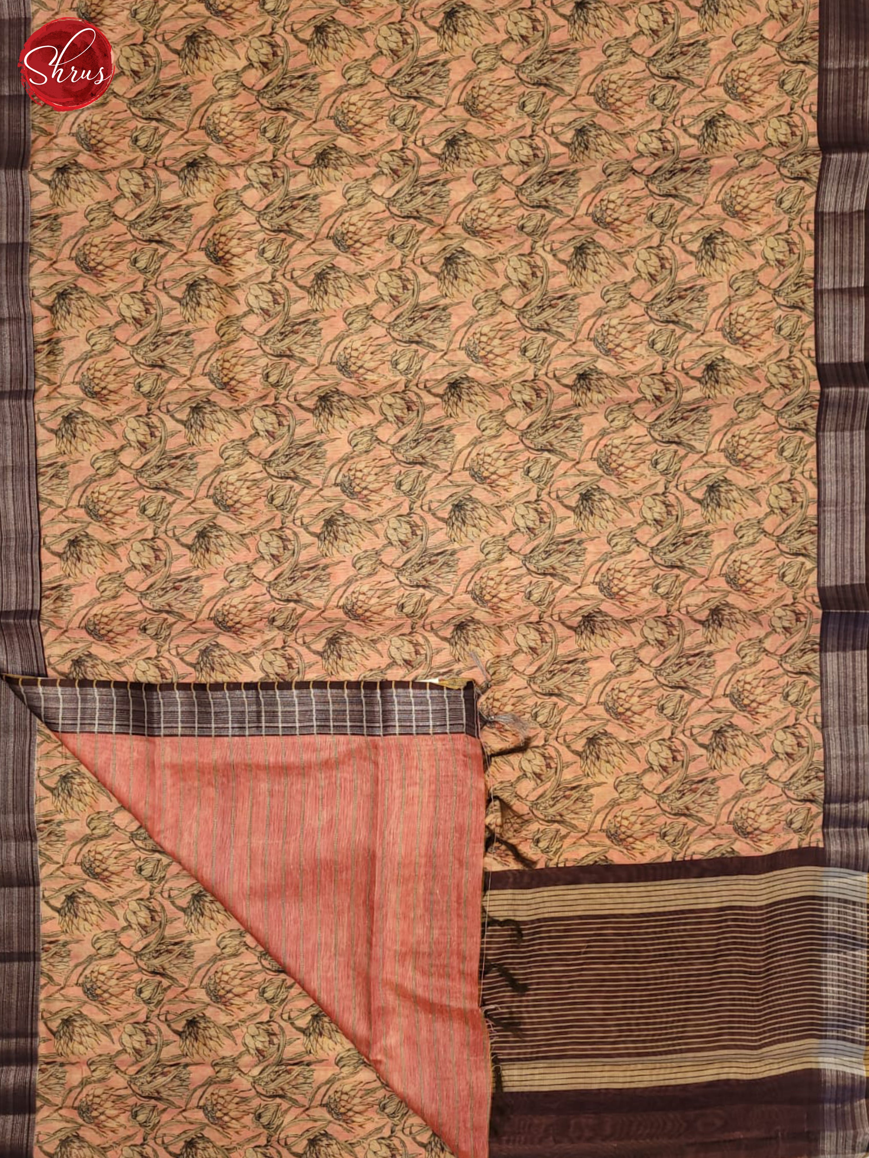 Peachish Pink & Brown- Semi gicha Saree - Shop on ShrusEternity.com