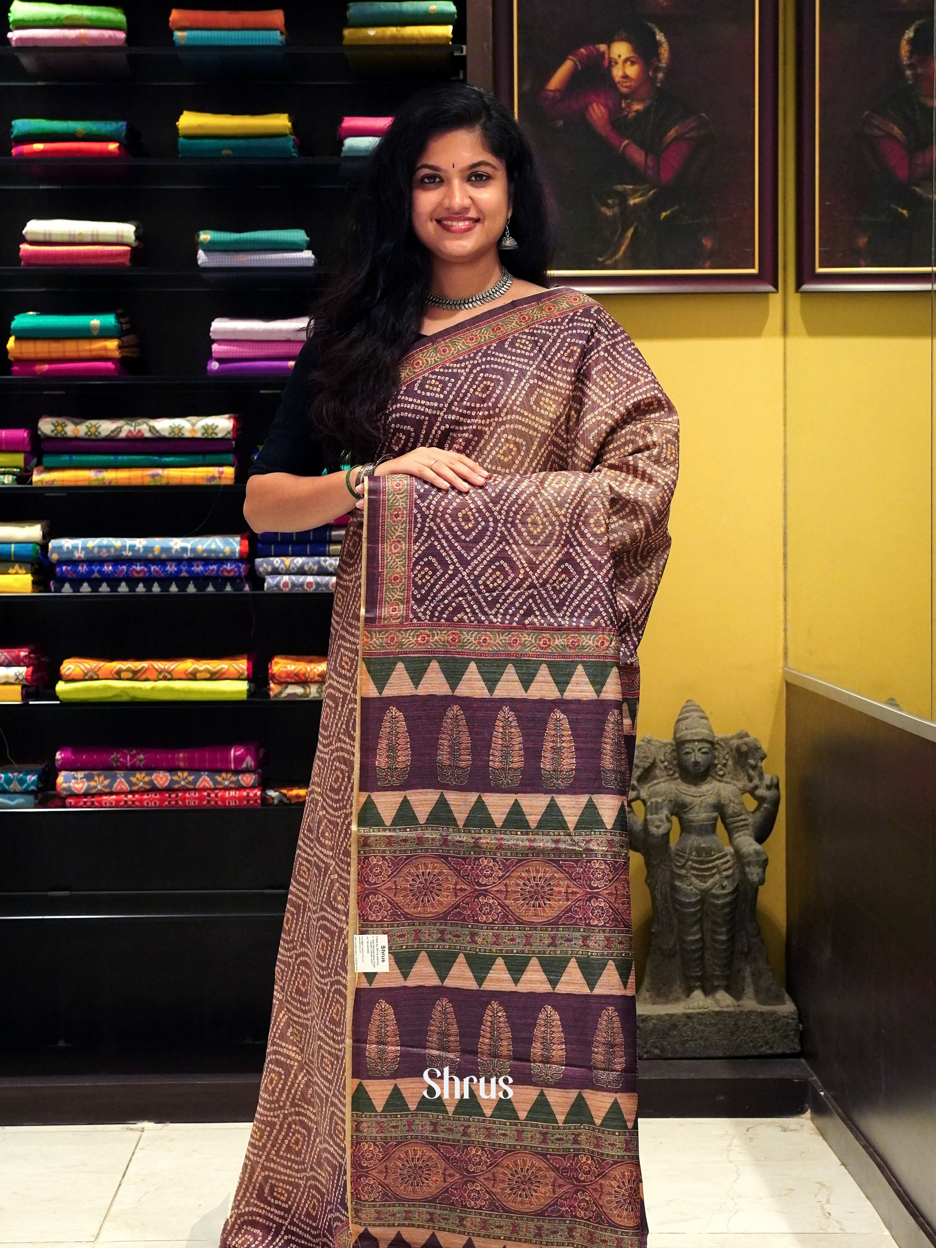 Brown - Semi gicha Saree - Shop on ShrusEternity.com