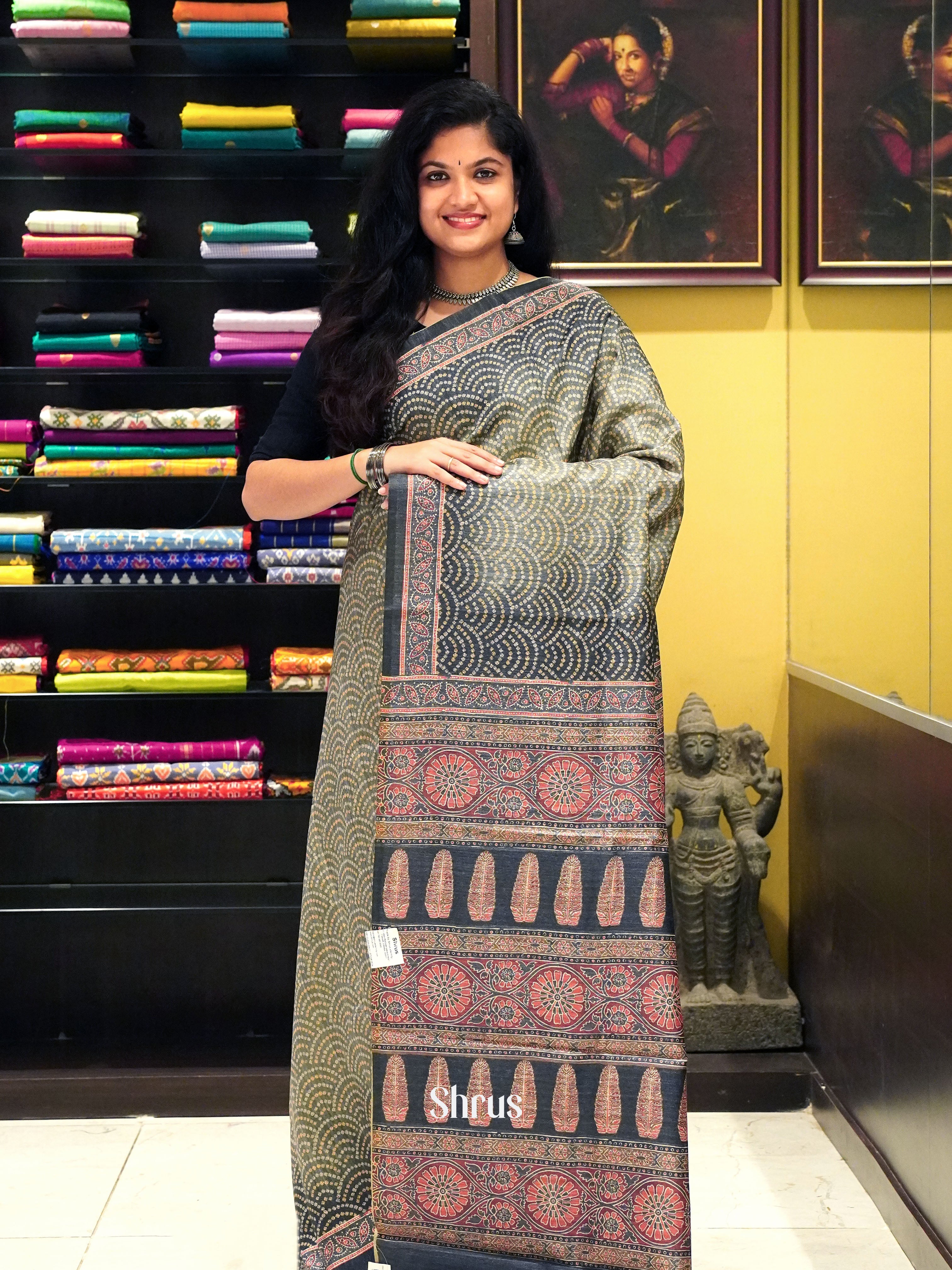 Grey & Black- Semi Gicha Saree - Shop on ShrusEternity.com