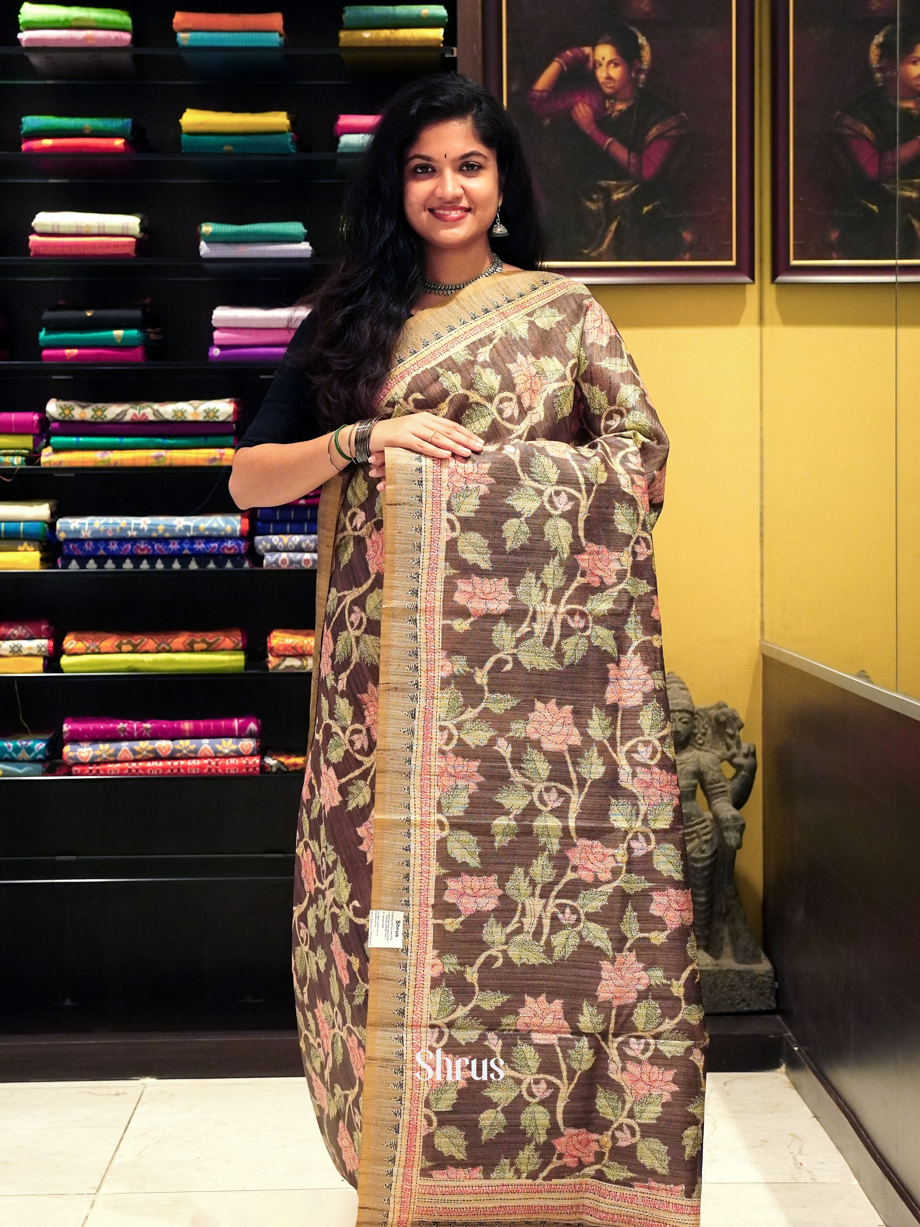 Brown - Semi Gicha Saree - Shop on ShrusEternity.com