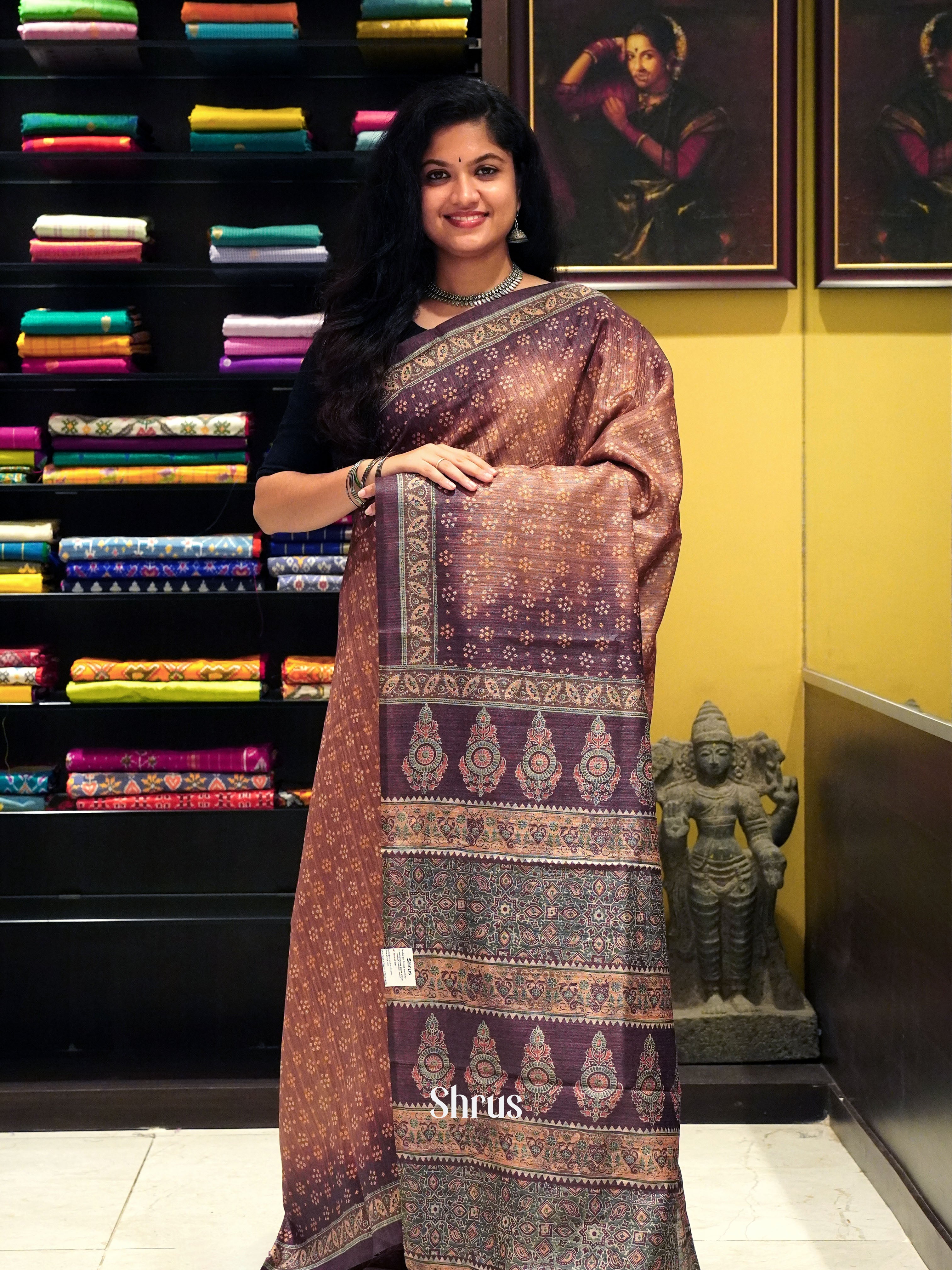 Light Brown & Brown - Semi Gicha Saree - Shop on ShrusEternity.com