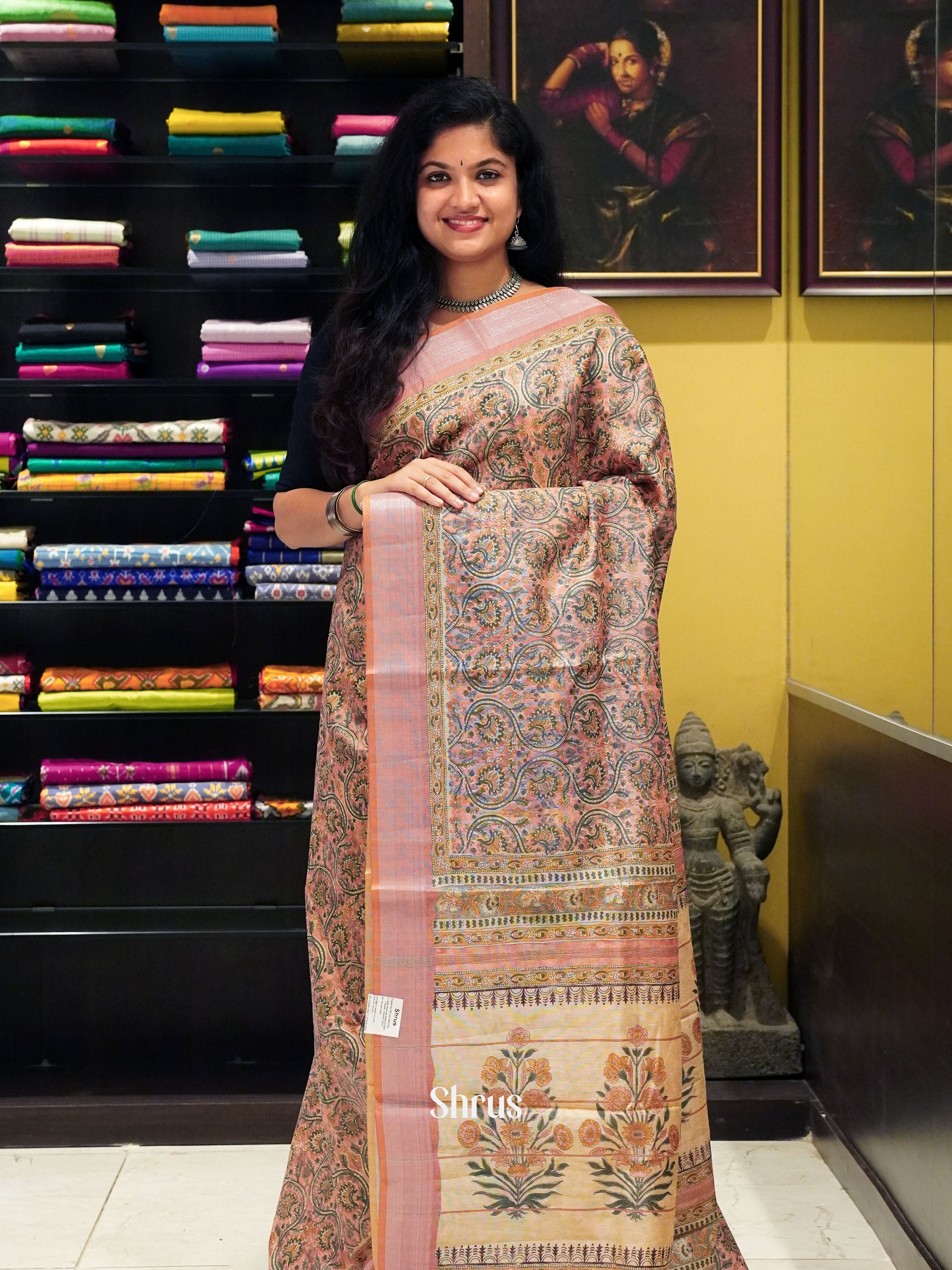 Peachish Pink & Beige- Semi gicha Saree - Shop on ShrusEternity.com