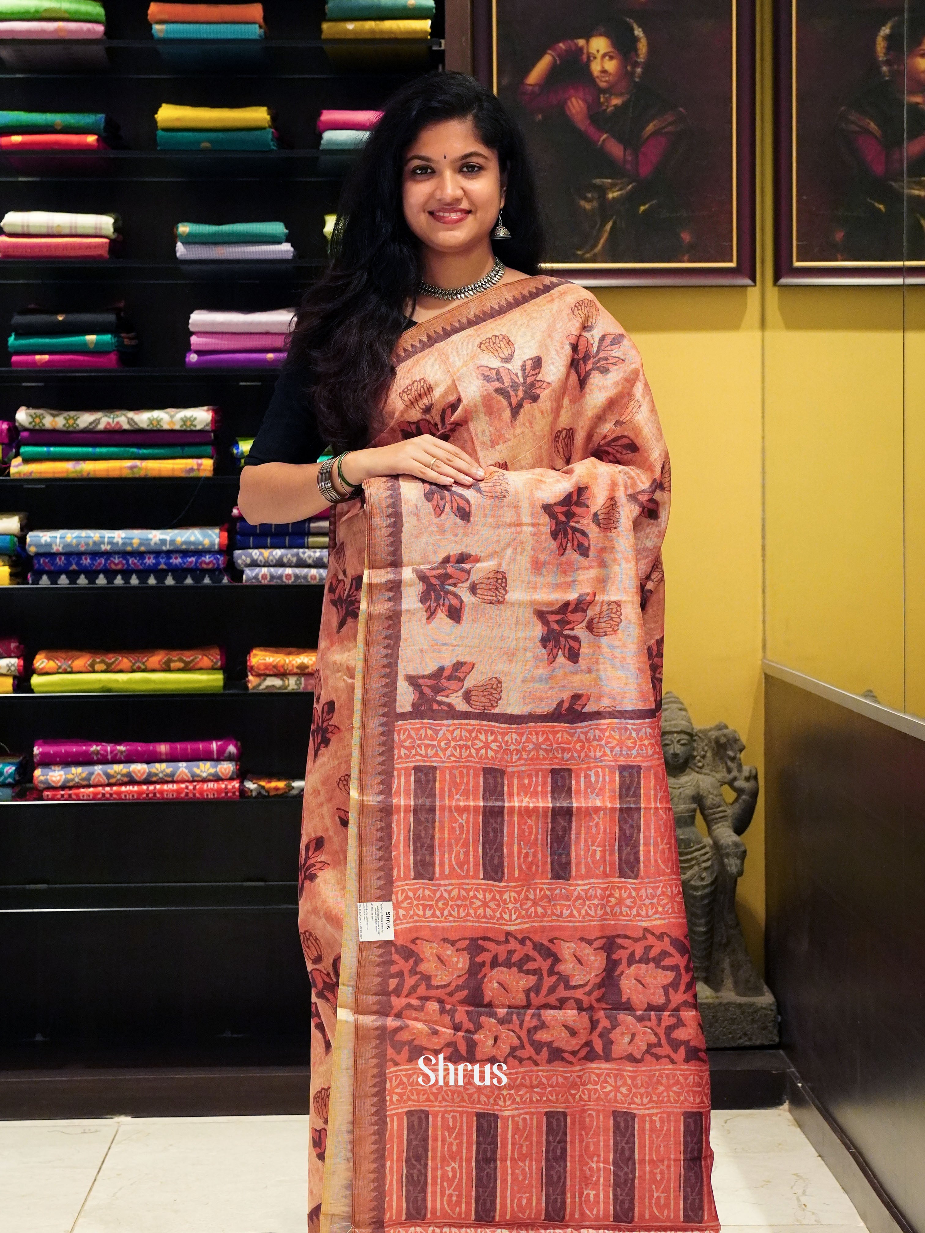 Orange & Brown- Semi gicha Saree - Shop on ShrusEternity.com