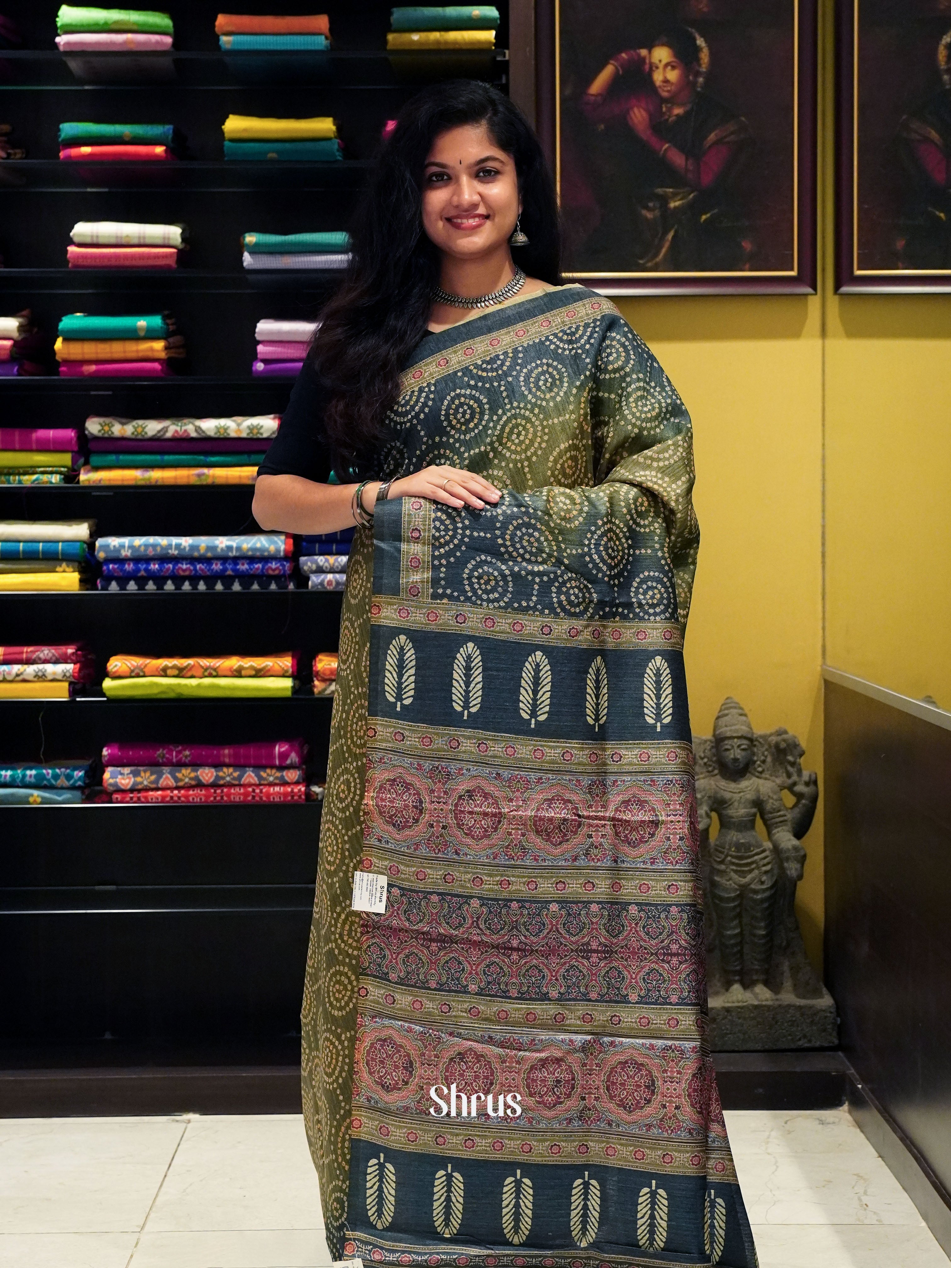 Green & Dark Green - Semi gicha Saree - Shop on ShrusEternity.com
