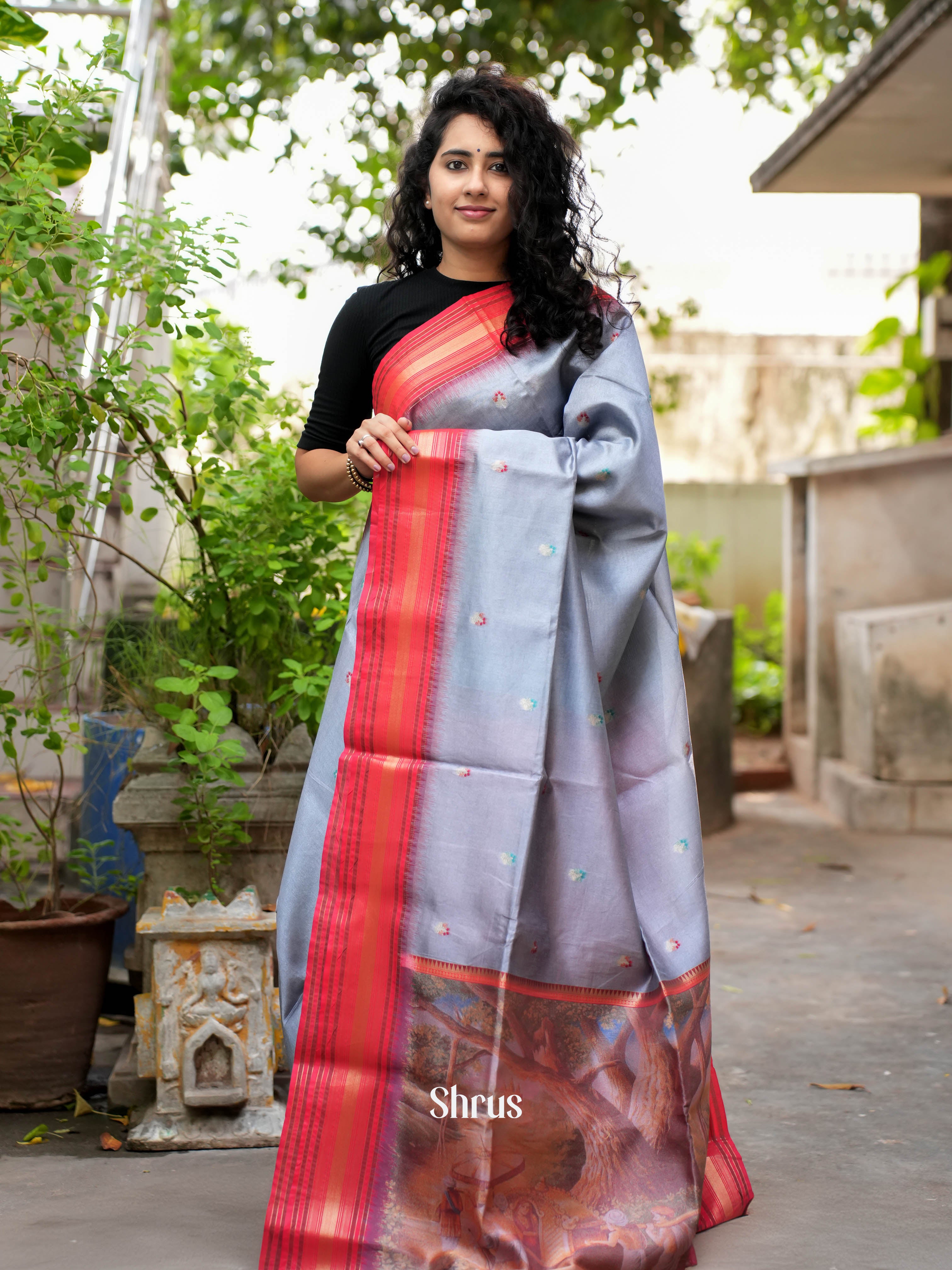Grey & Red - Semi Tussar Saree - Shop on ShrusEternity.com