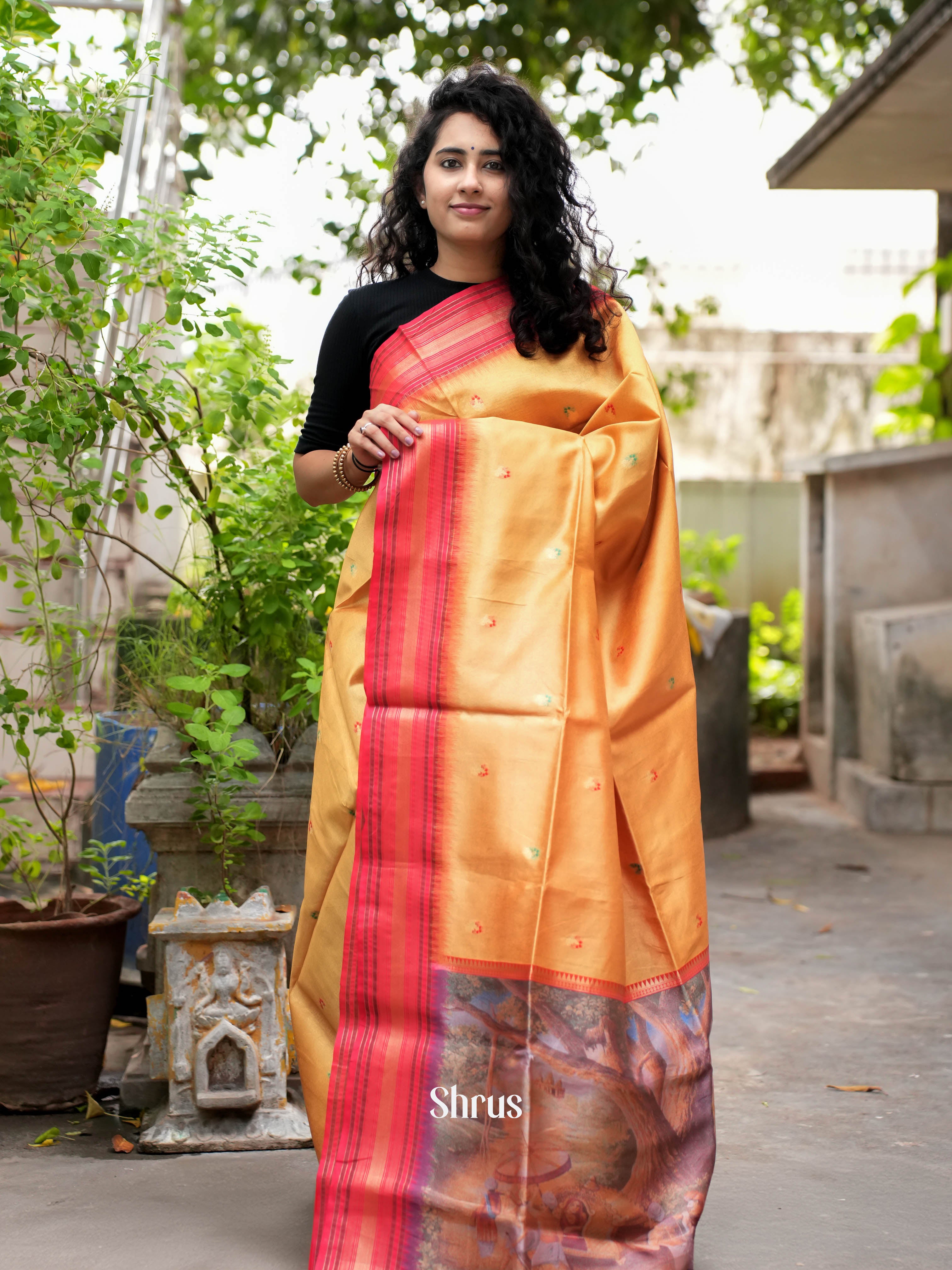 Sandal & Red - Semi Tussar Saree - Shop on ShrusEternity.com