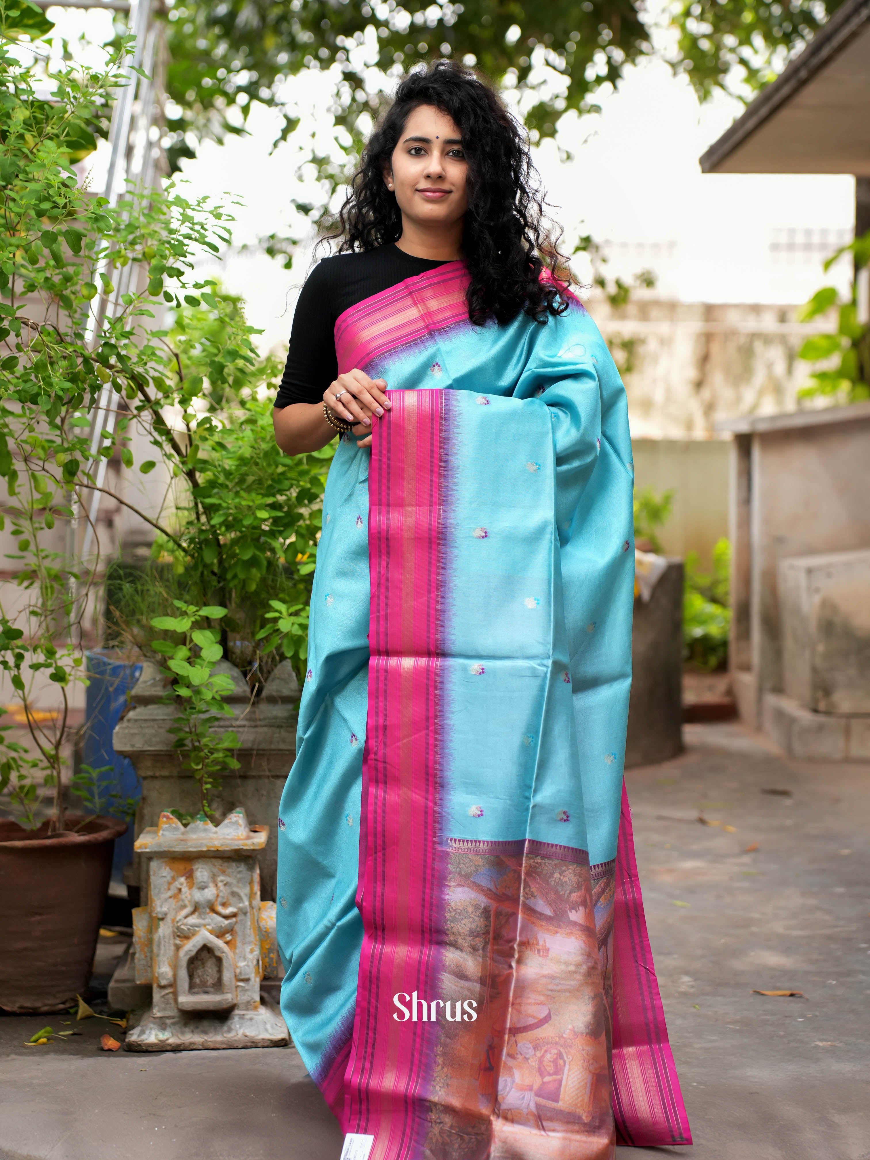 Blue & Pink - Semi Tussar Saree - Shop on ShrusEternity.com