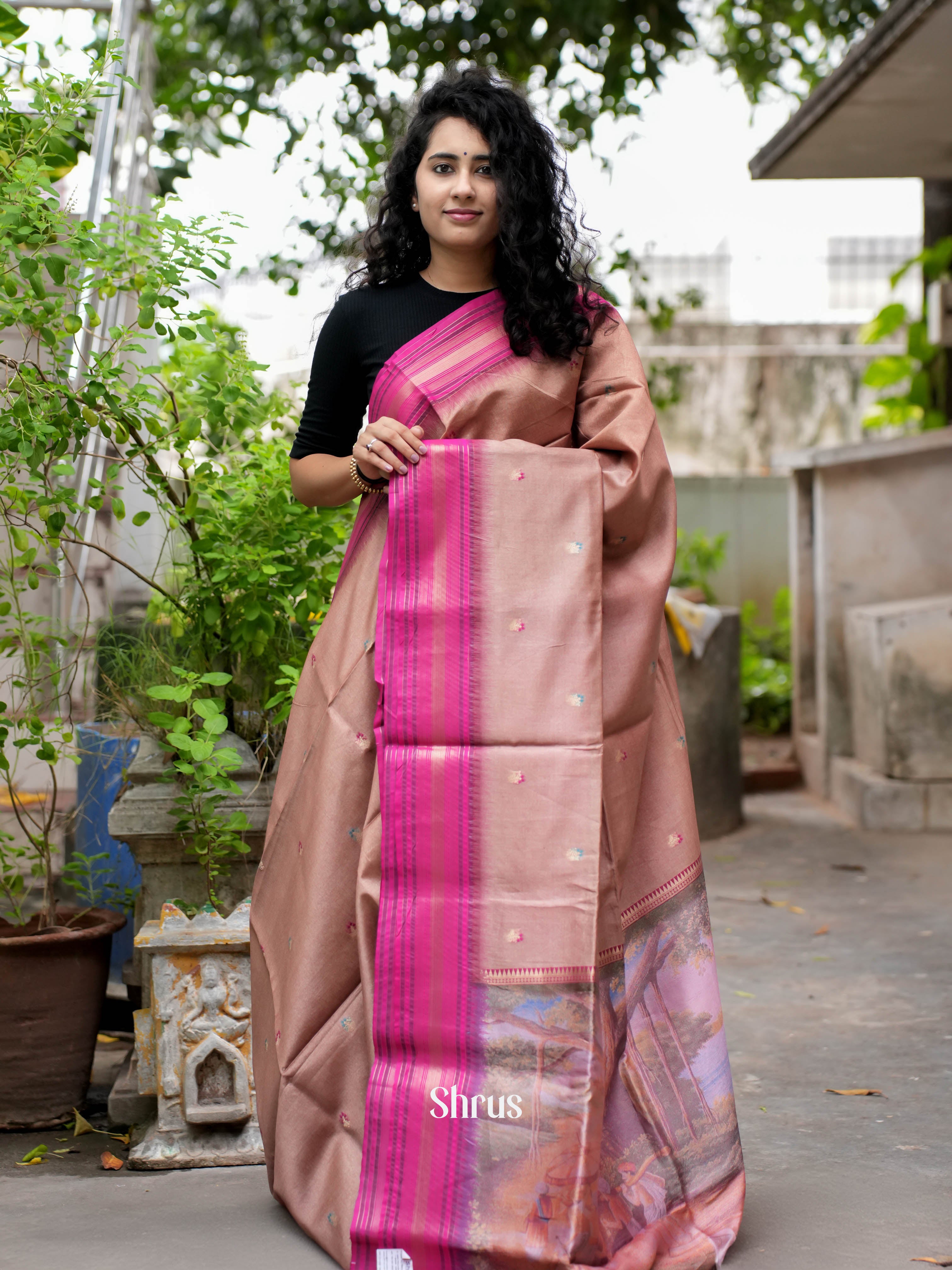 Lite Brown & Pink- Semi Tussar Saree - Shop on ShrusEternity.com