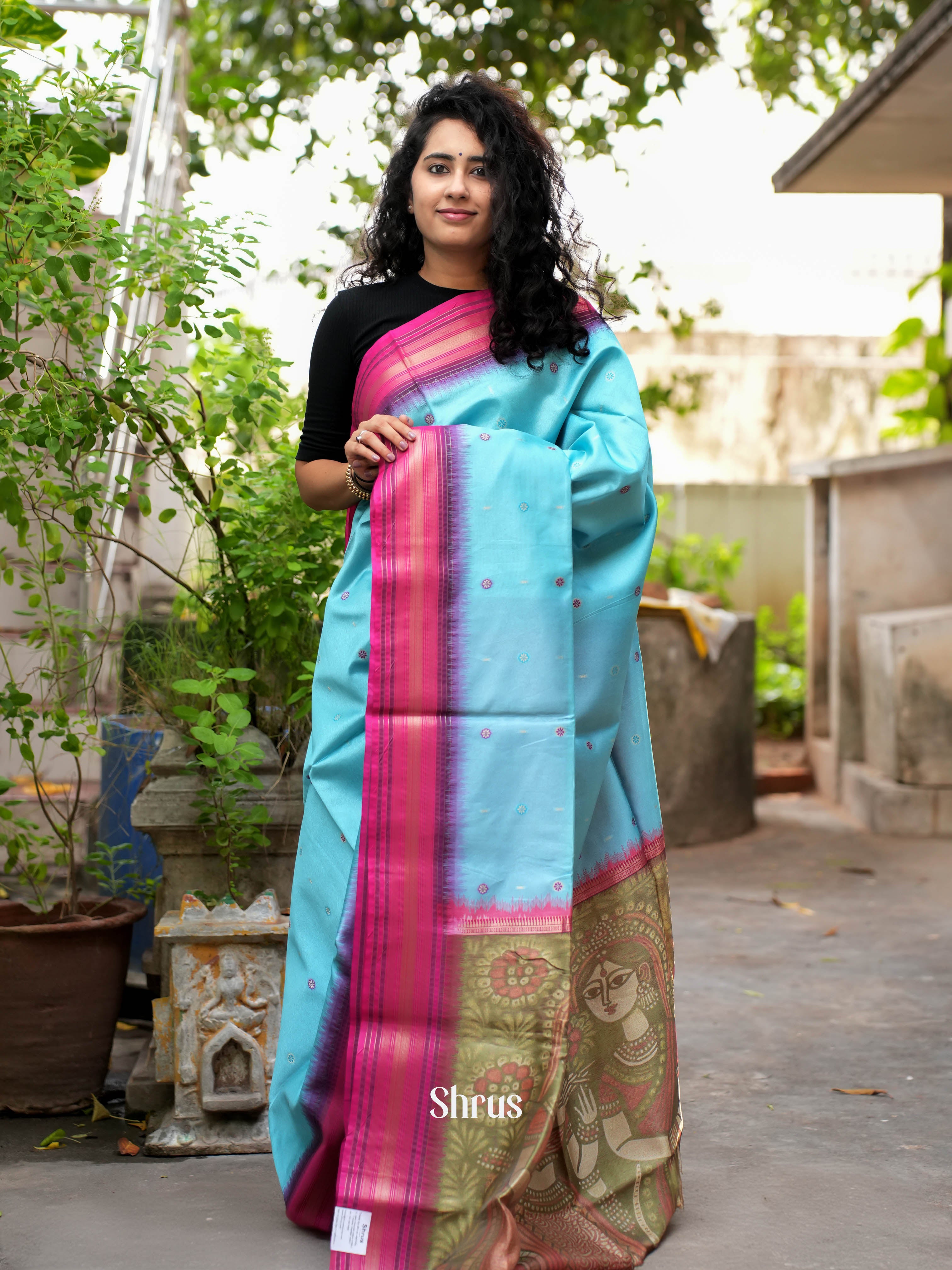 Blue & Pink - Semi Tussar Saree - Shop on ShrusEternity.com