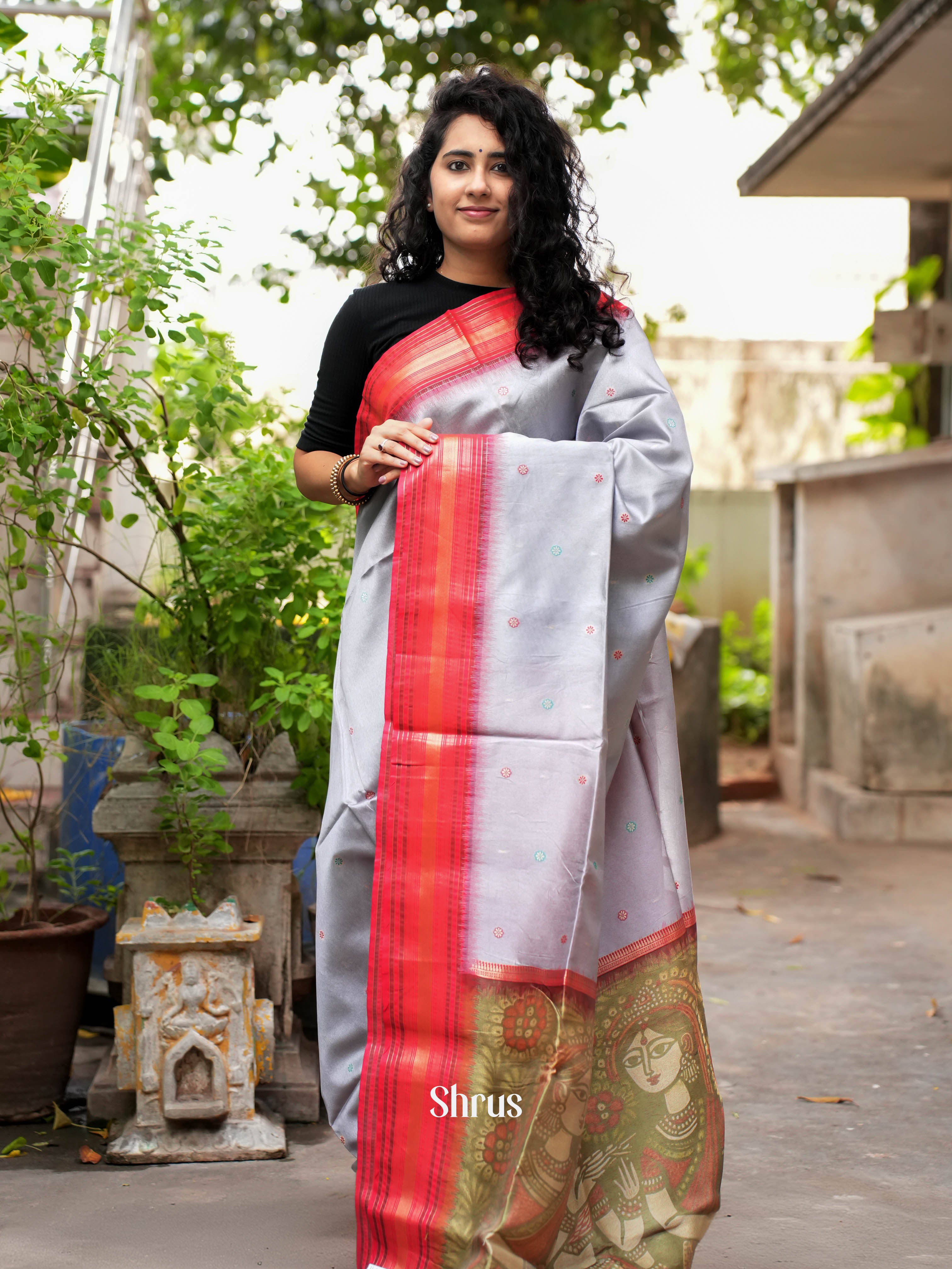 Grey & Red - Semi Tussar Saree - Shop on ShrusEternity.com
