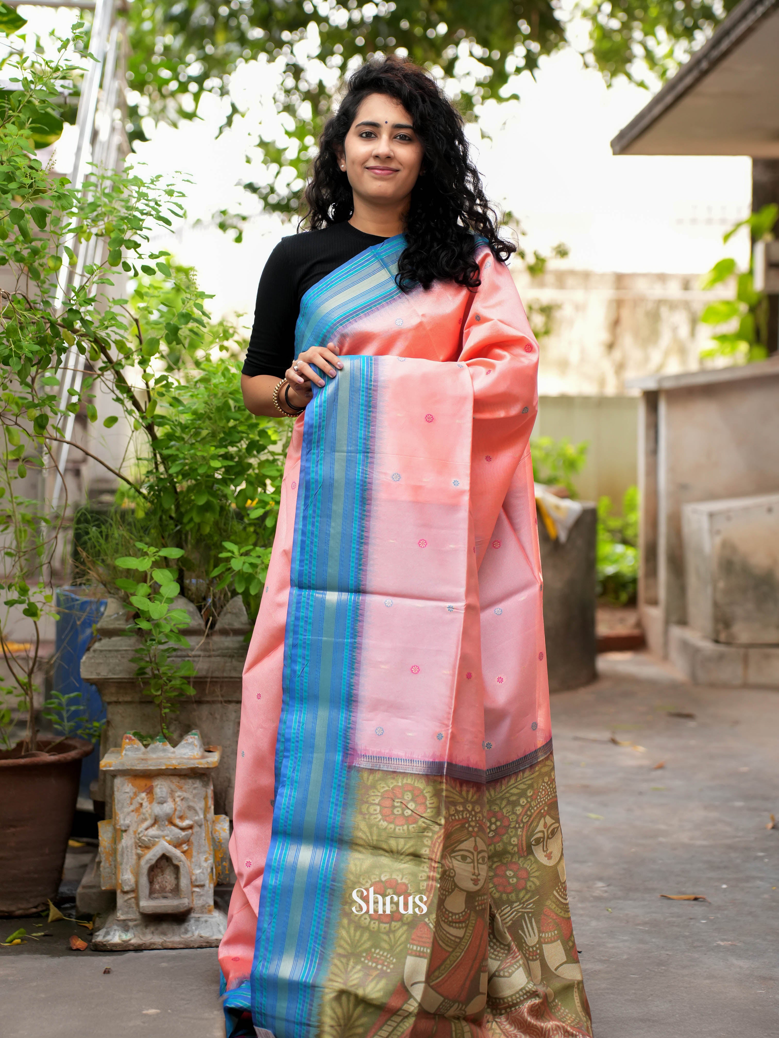 Pink & Blue - Semi Tussar Saree - Shop on ShrusEternity.com