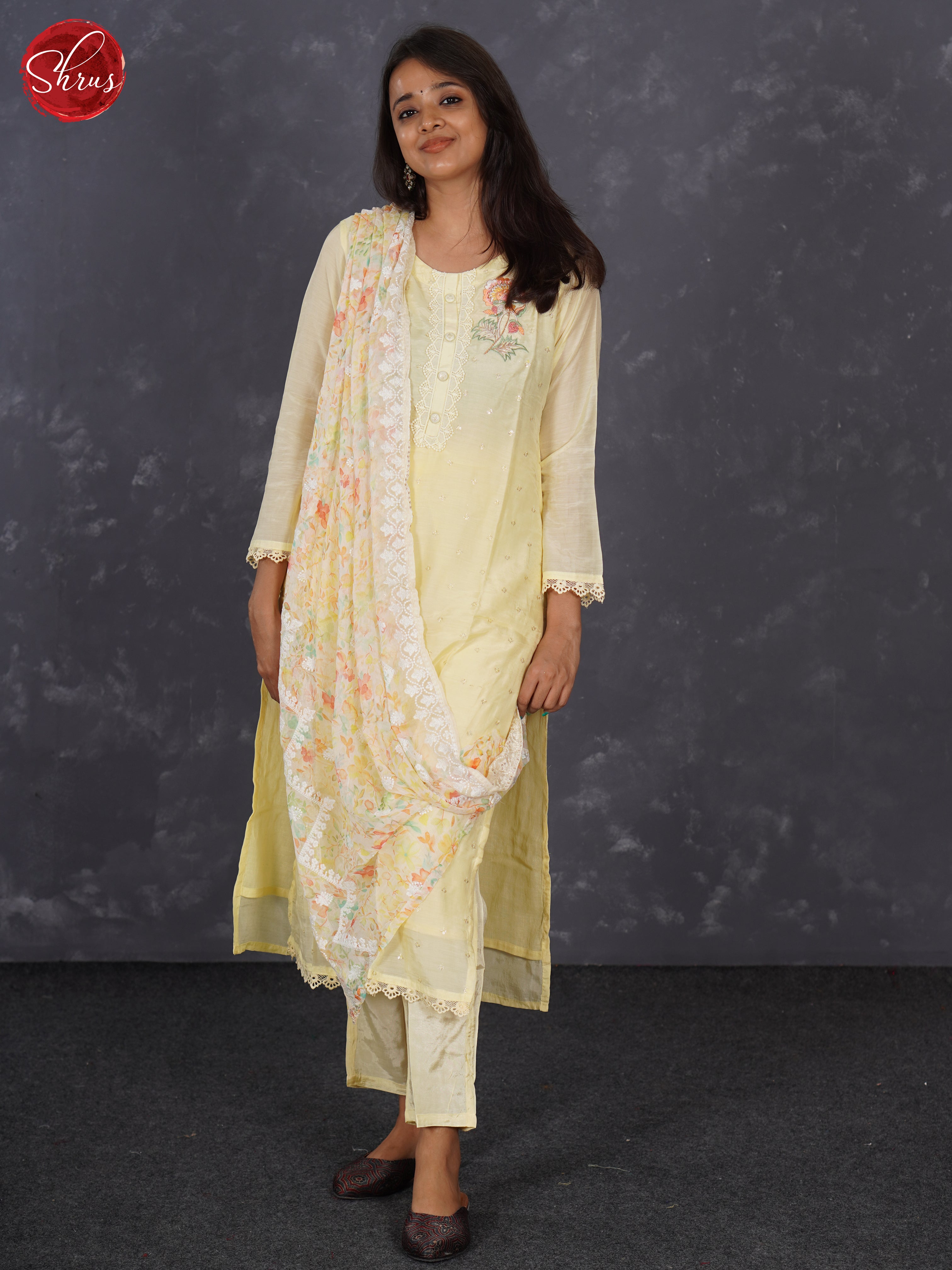 Pale Yellow - Embroidered Printed Silk Top with Organza Dupatta 3 Piece Readymade Salwar - Shop on ShrusEternity.com