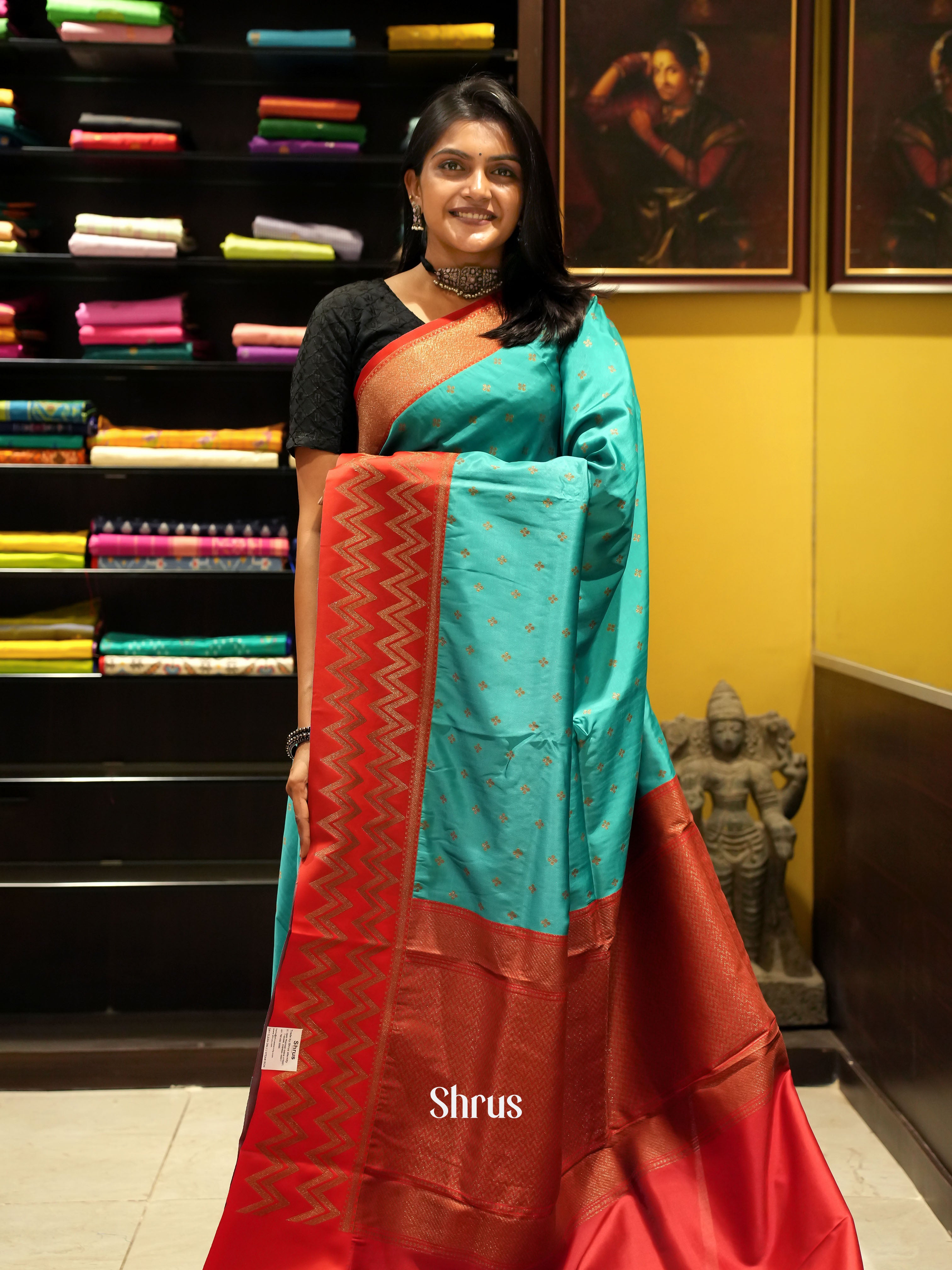Aqua Blue & Red - Semi Dupion Saree - Shop on ShrusEternity.com