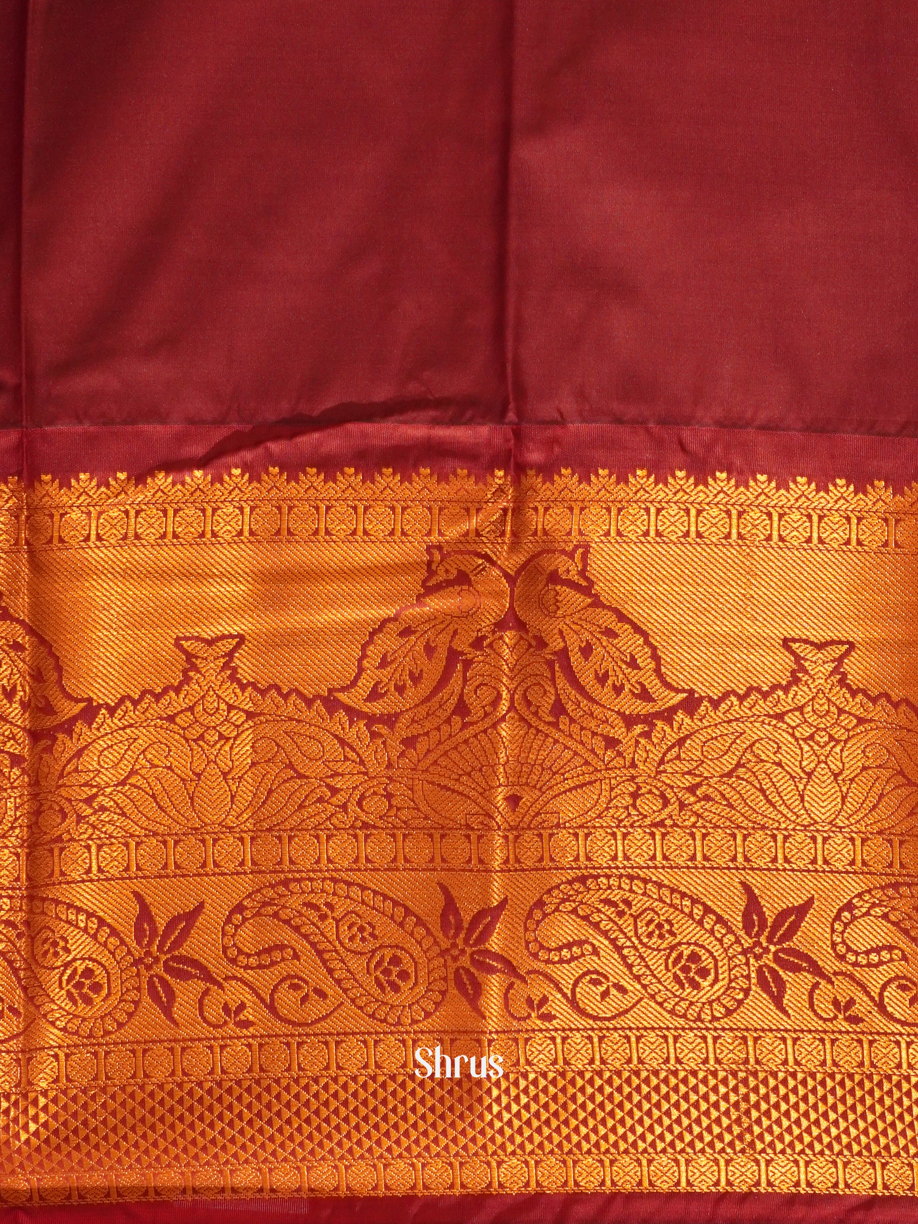 Light Sunset Orange & Maroon - Semi Kanchipuram saree with zari motifs & rich zari woven Border - Shop on ShrusEternity.com