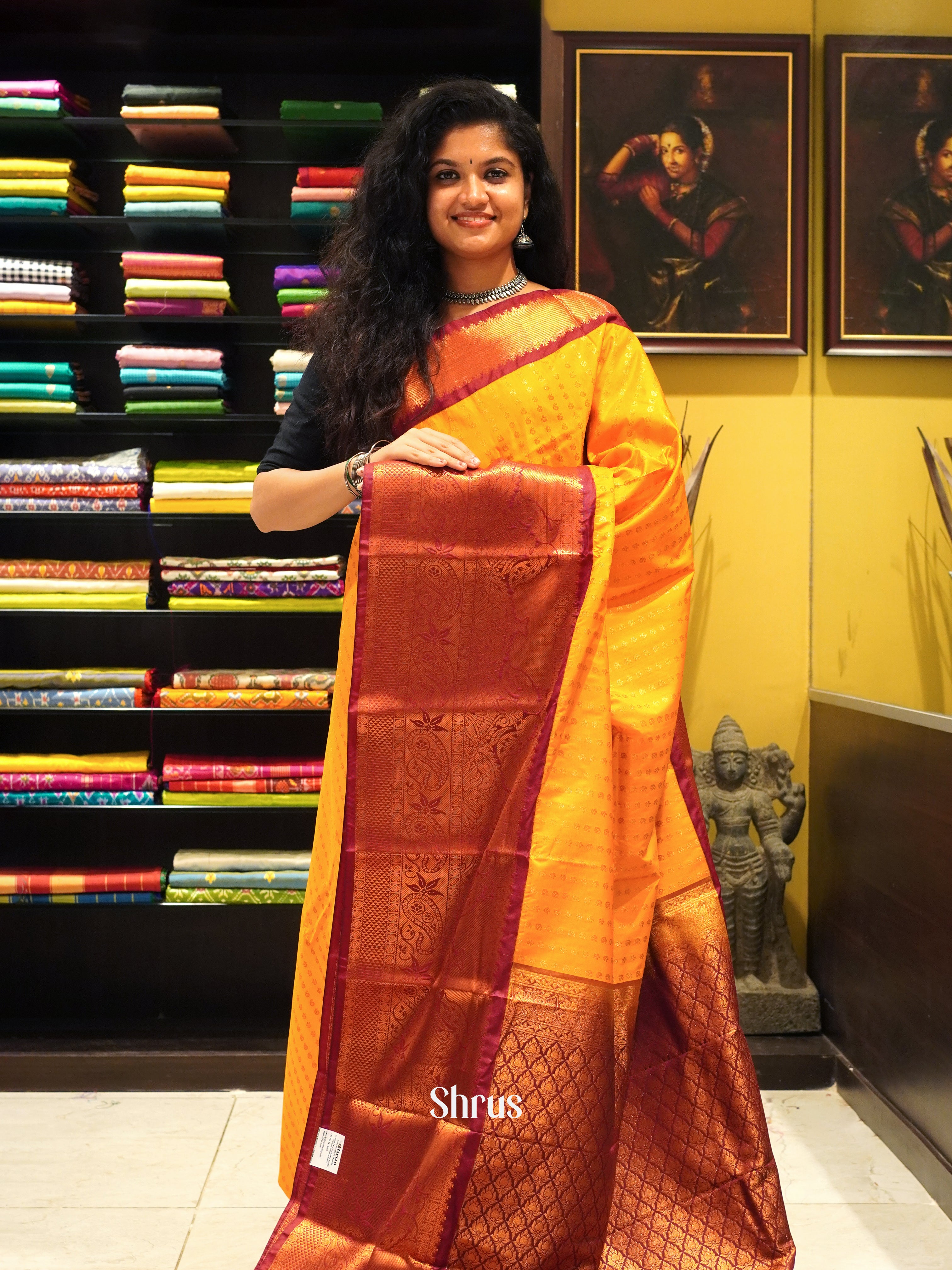Light Sunset Orange & Maroon - Semi Kanchipuram saree with zari motifs & rich zari woven Border - Shop on ShrusEternity.com