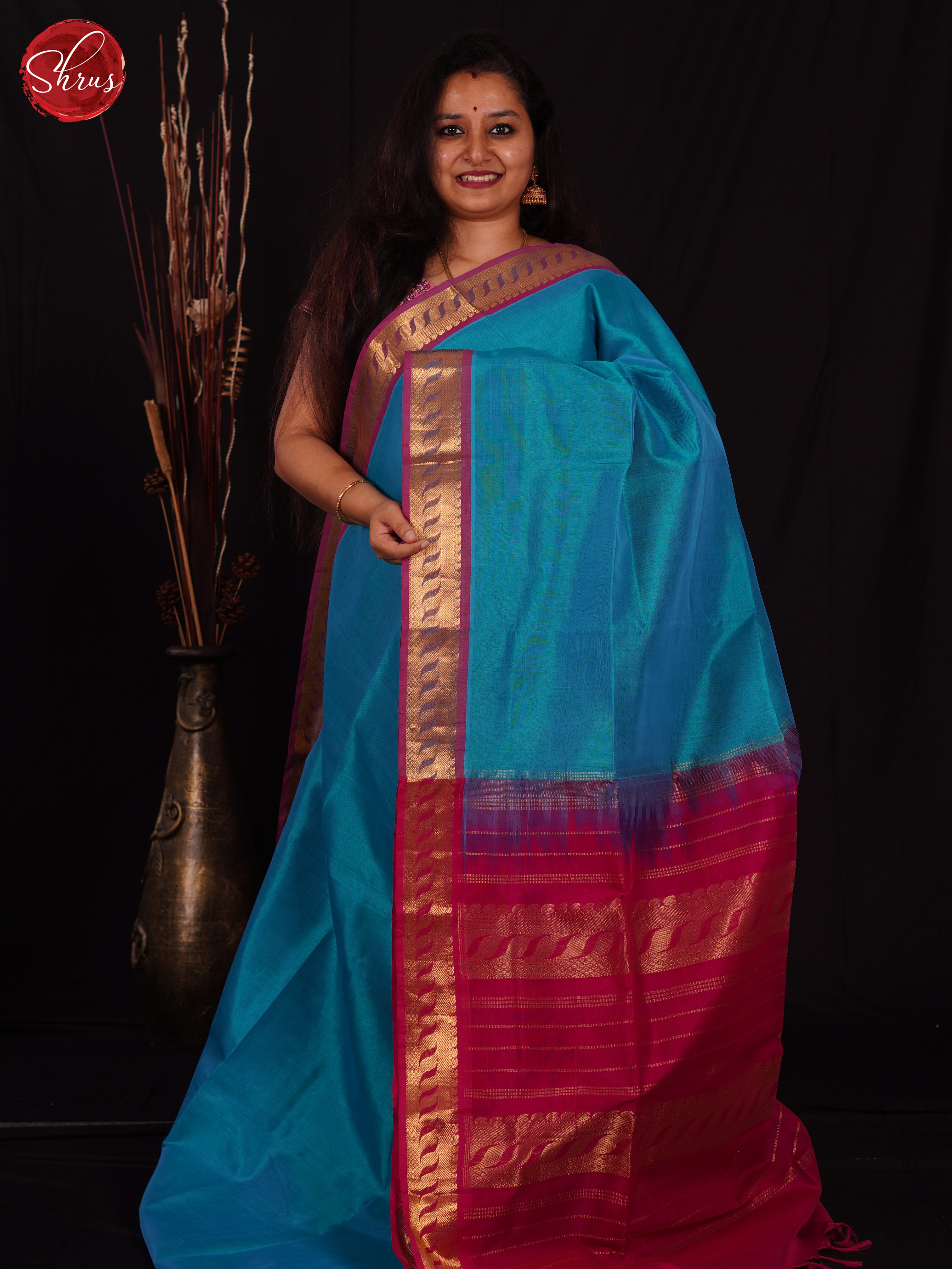 Blue & Maroon - Silk Cotton Saree - Shop on ShrusEternity.com