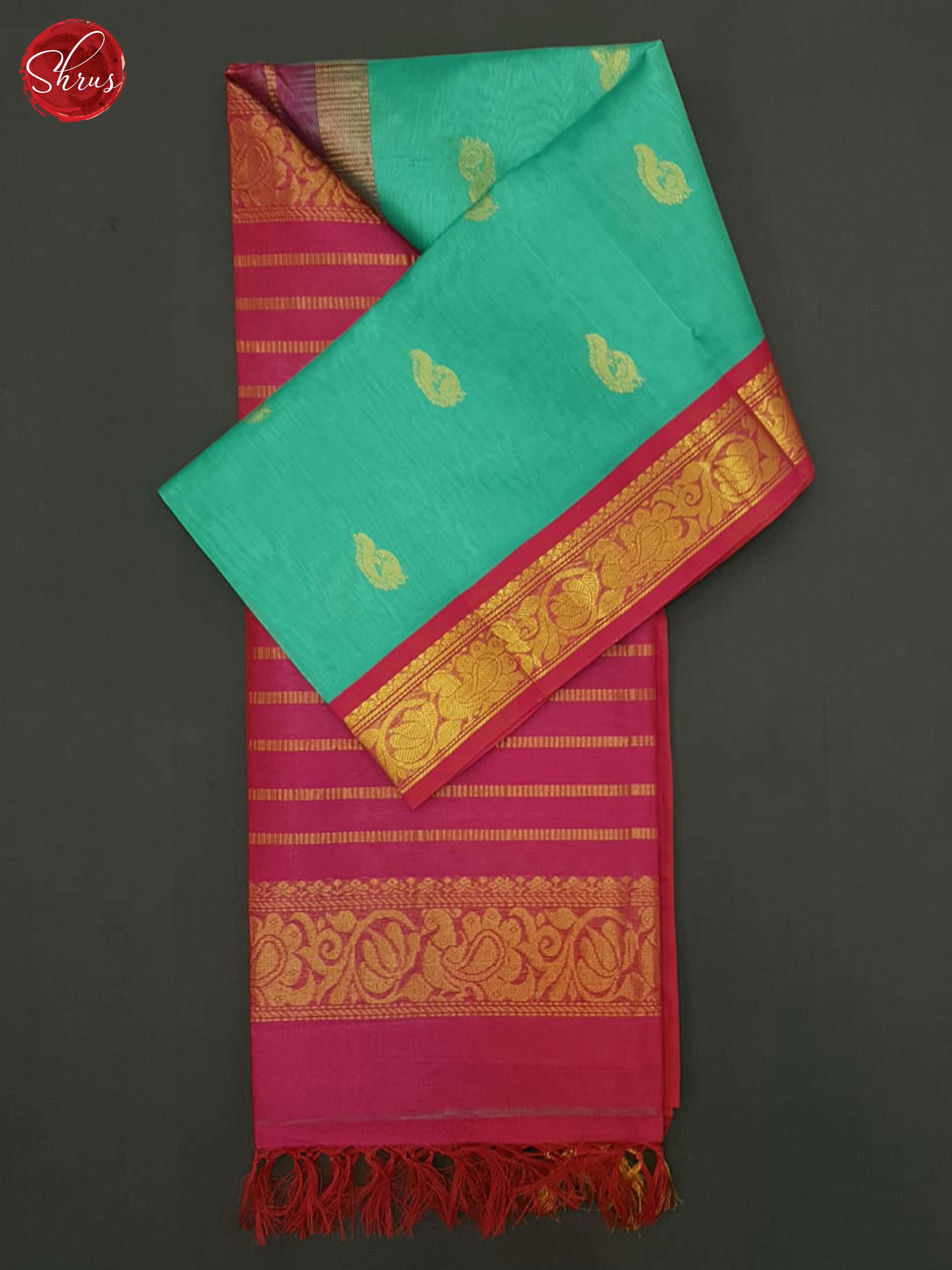 Teal Blue & Pink - Silk Cotton Saree - Shop on ShrusEternity.com