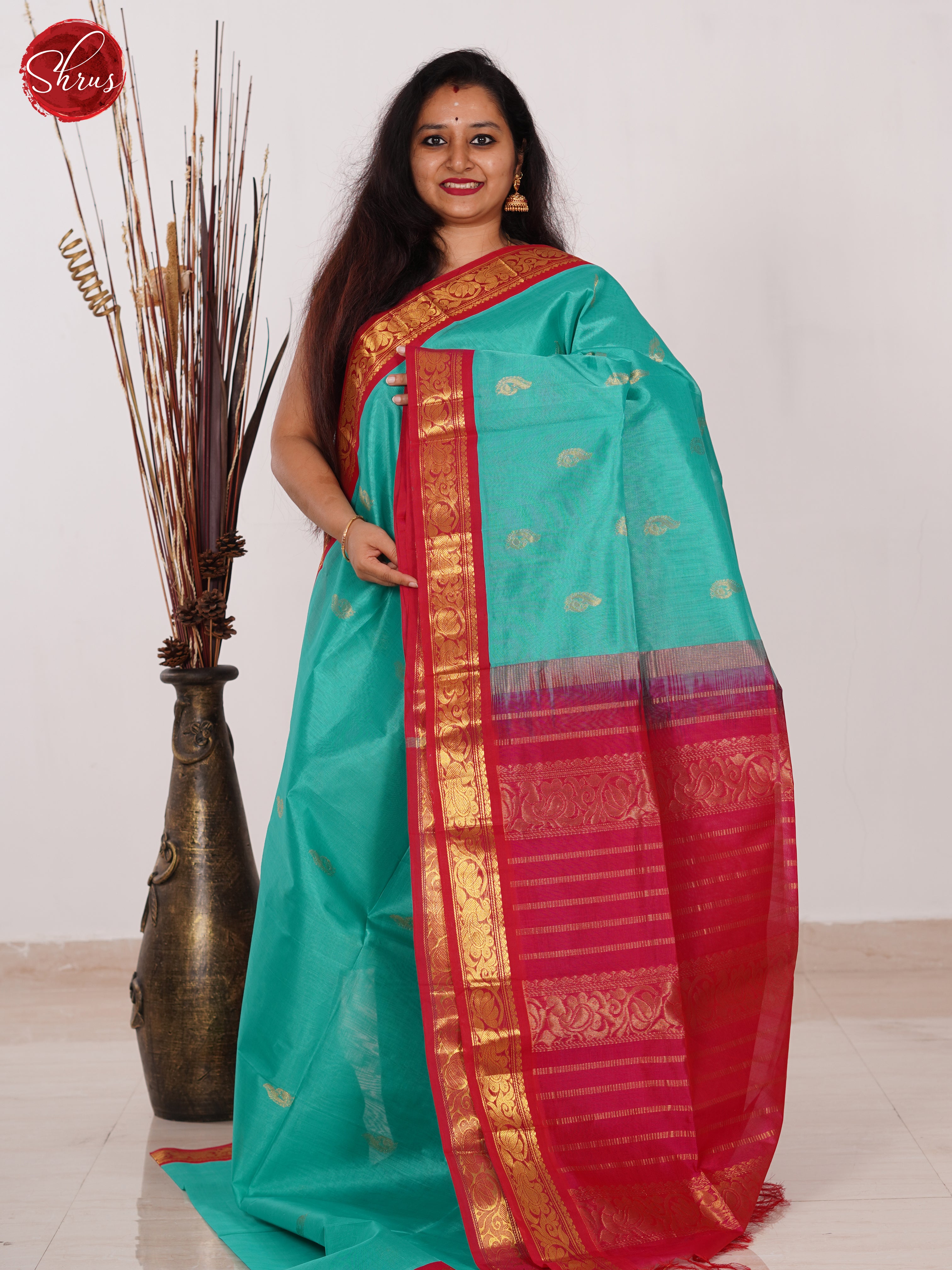 Teal Blue & Pink - Silk Cotton Saree - Shop on ShrusEternity.com