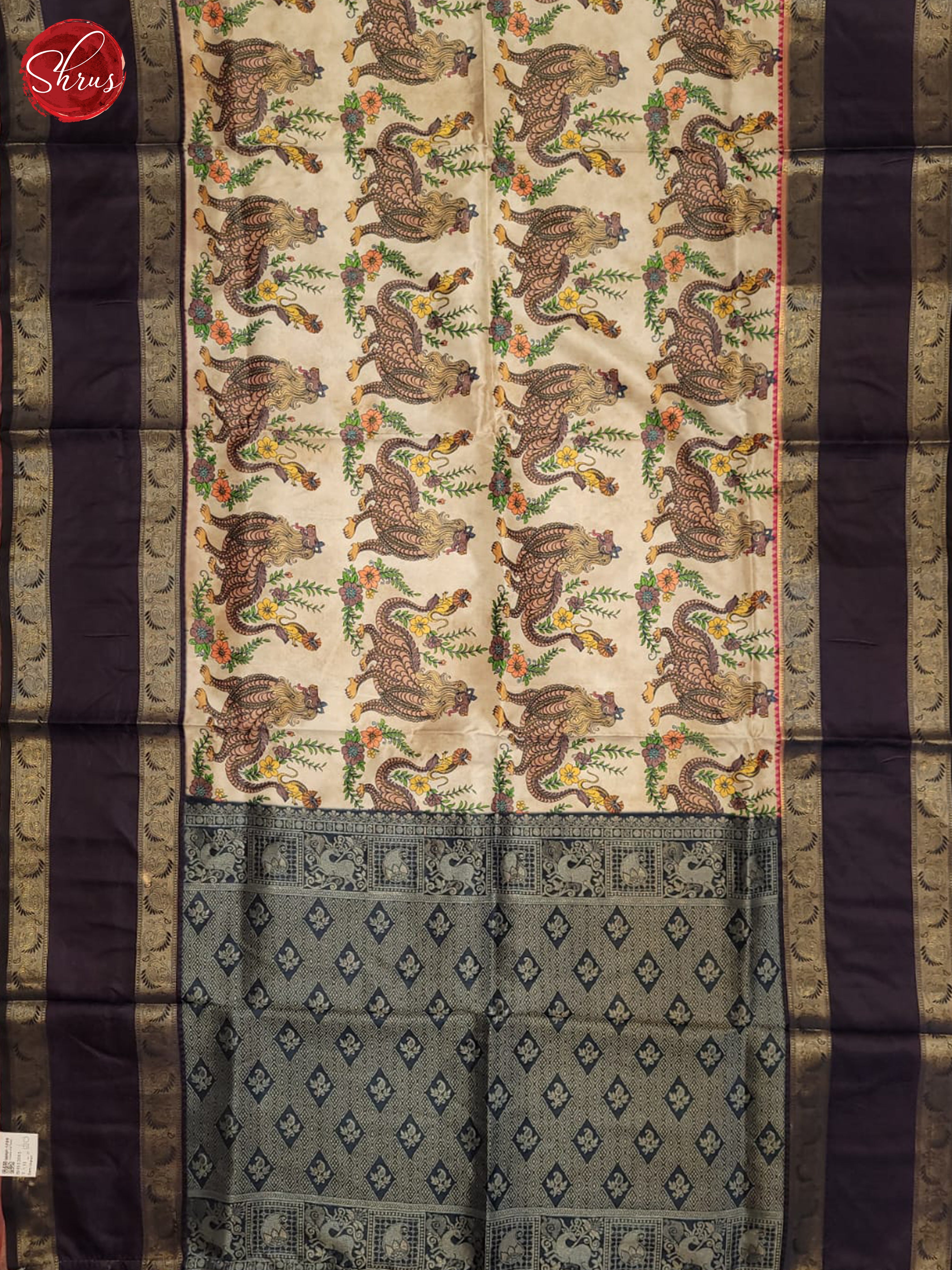 Cream & Navy Blue - Semi dupion Saree - Shop on ShrusEternity.com