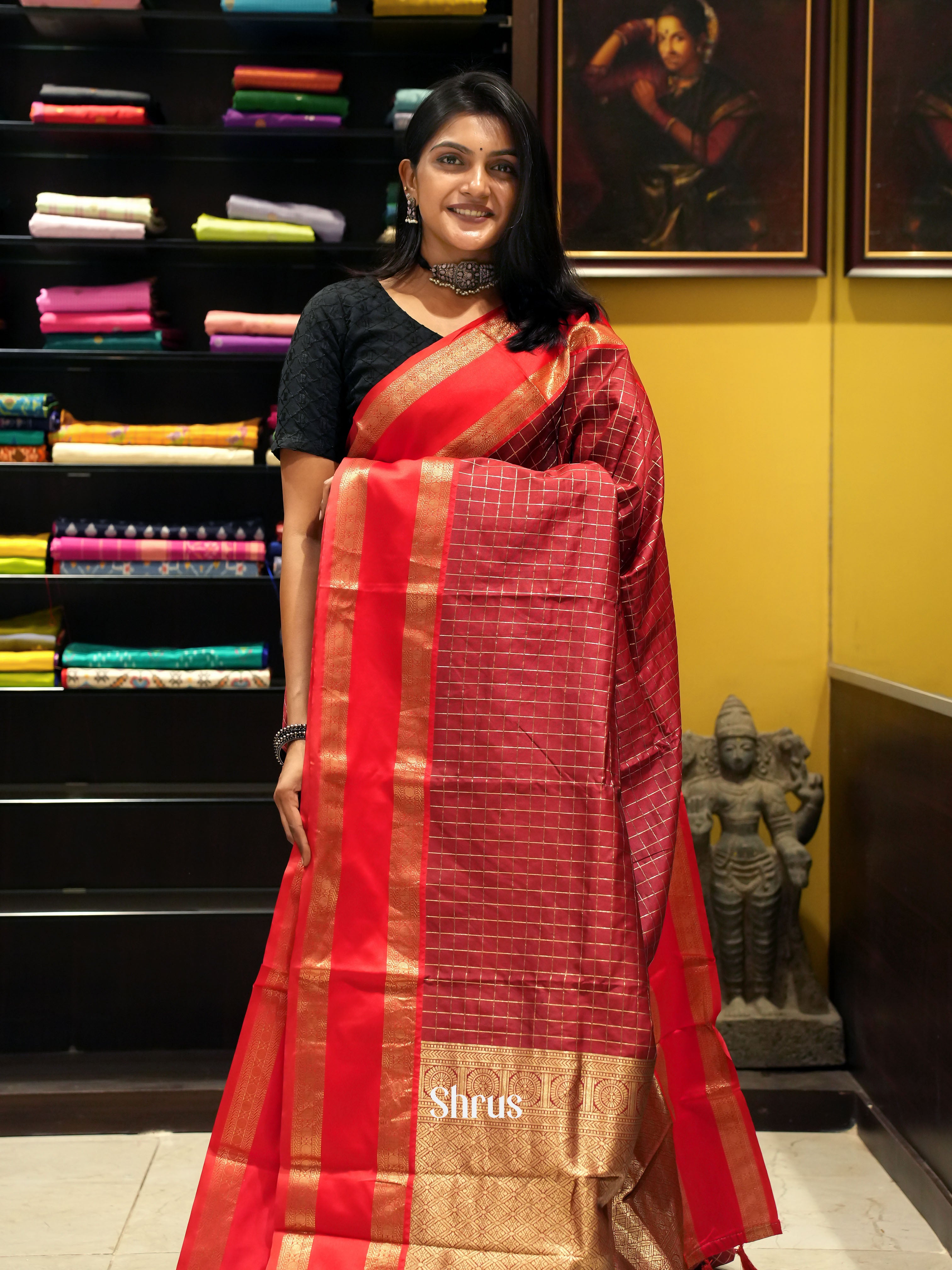 Maroon Red & Red - Semi dupion Saree - Shop on ShrusEternity.com