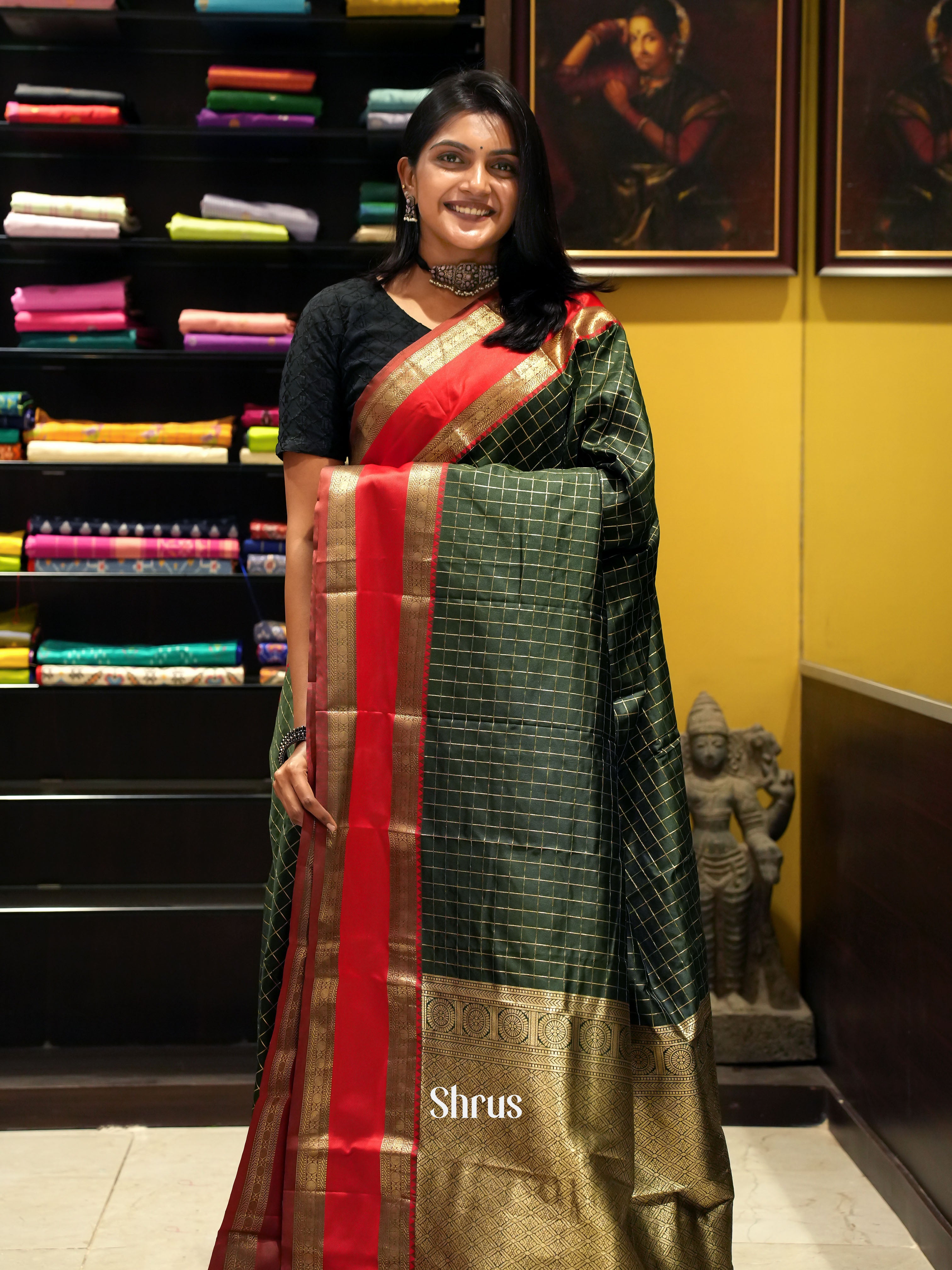 Bottle Green & Red - Semi dupion Saree - Shop on ShrusEternity.com