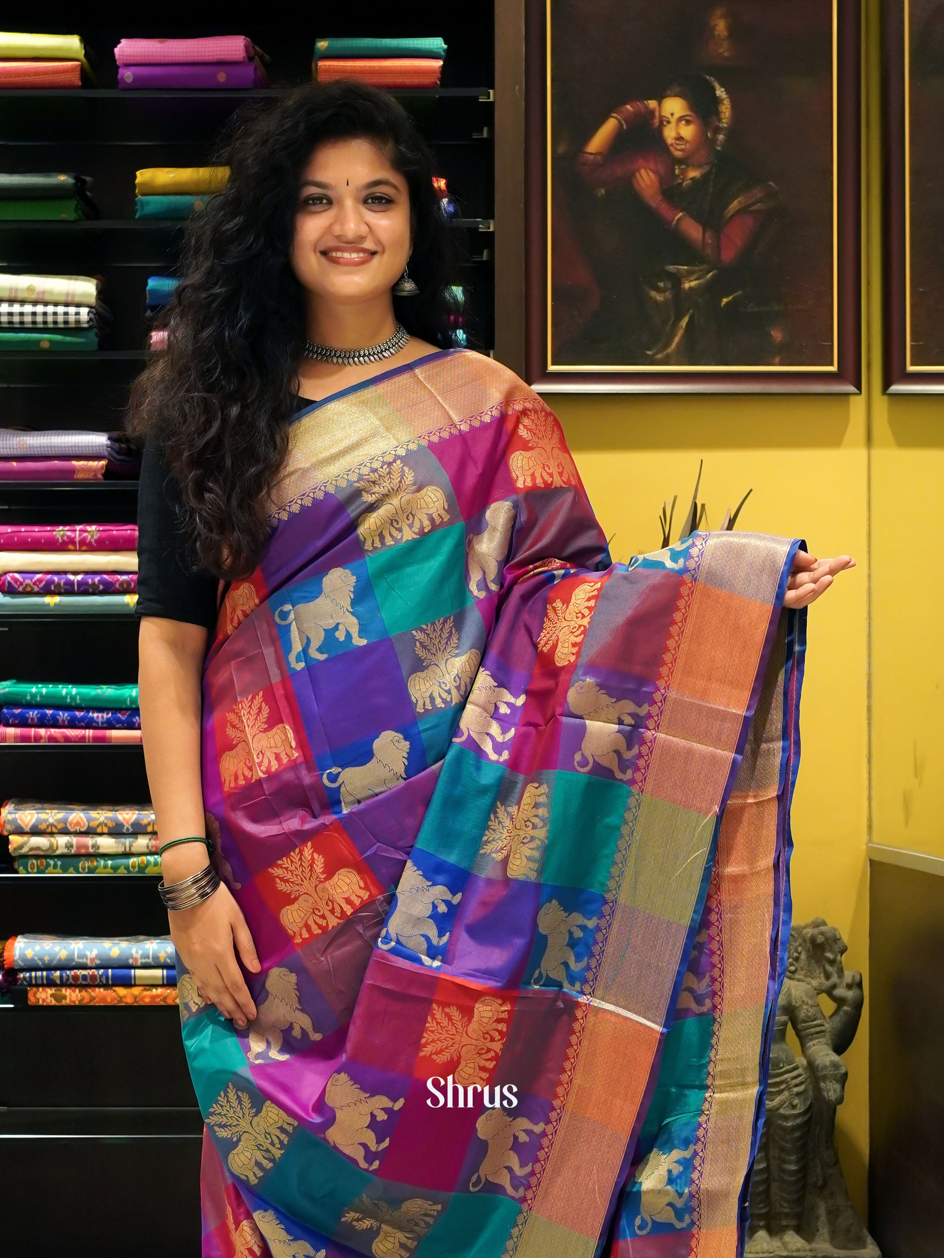 Multicolor & Purple - Semi silk cotton Saree - Shop on ShrusEternity.com