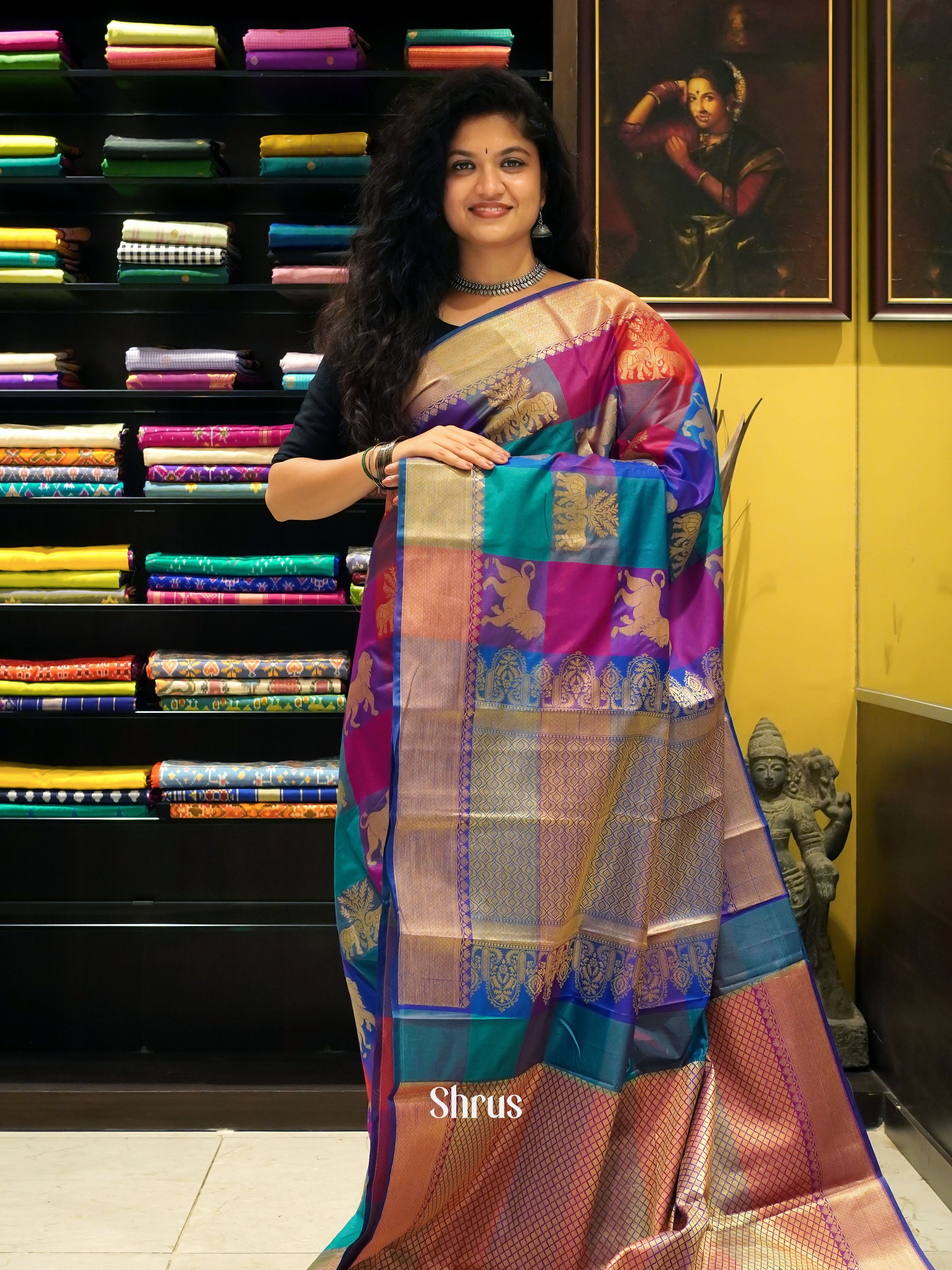 Multicolor & Purple - Semi silk cotton Saree - Shop on ShrusEternity.com
