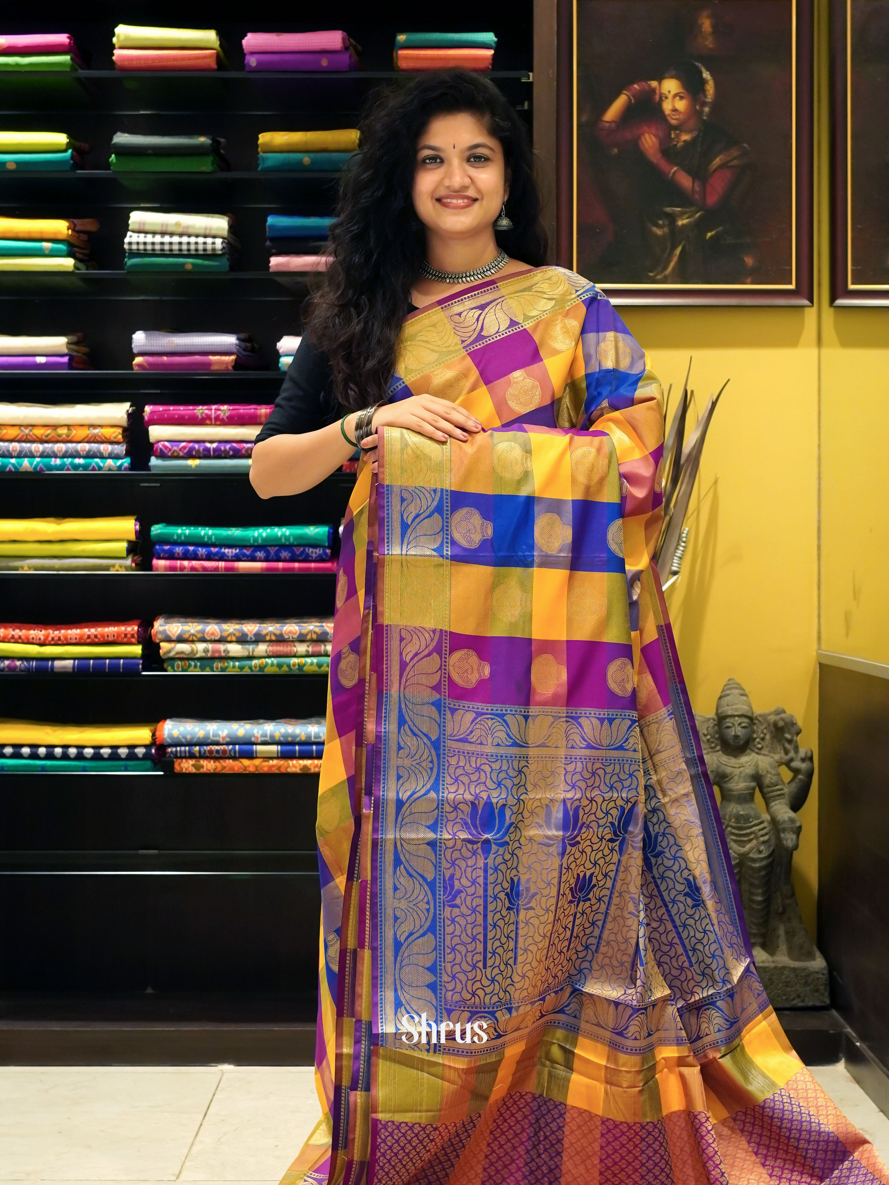 Yellow & Blue - Semi silk cotton Saree - Shop on ShrusEternity.com
