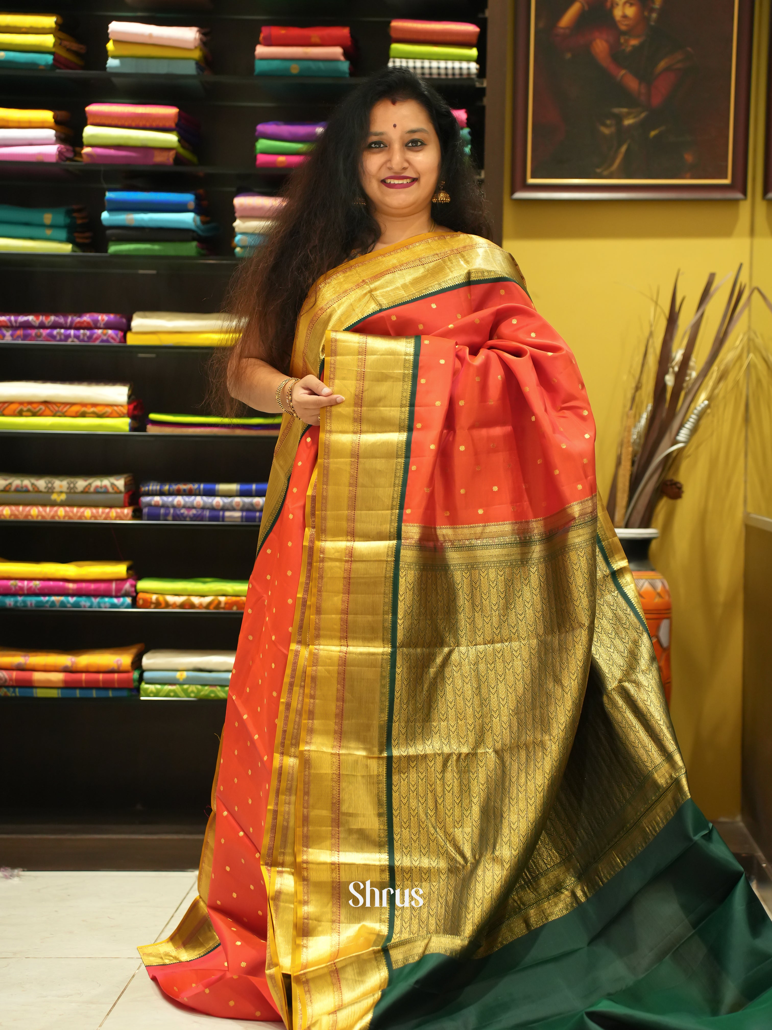 Red and Green Korvai Kanchipuram silk Saree With Golden Zari Woven Dot Buttas-1