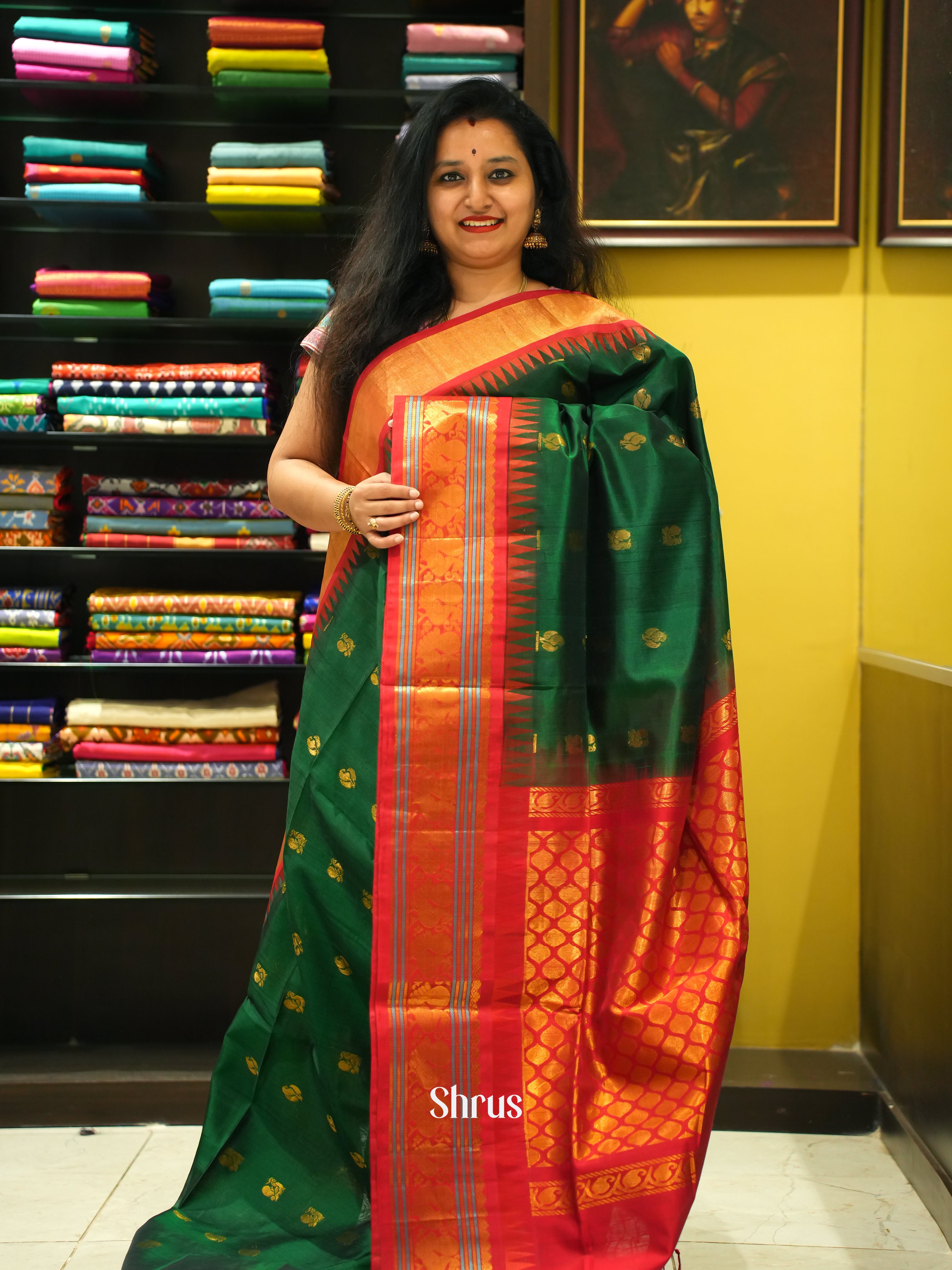 Green & Red - Silk Cotton Saree - Shop on ShrusEternity.com