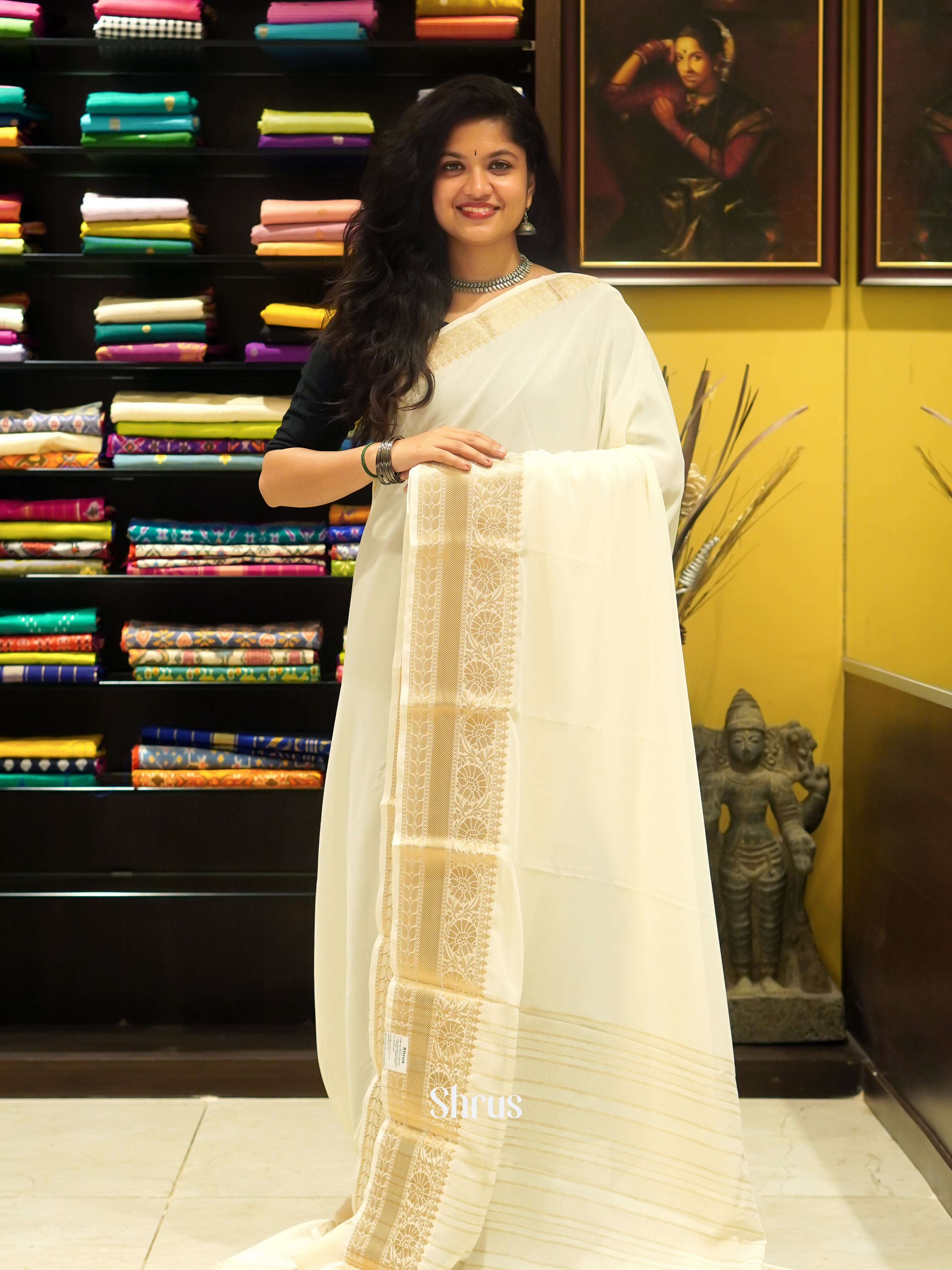 Cream(Single Tone)- Semi Georgette Saree - Shop on ShrusEternity.com