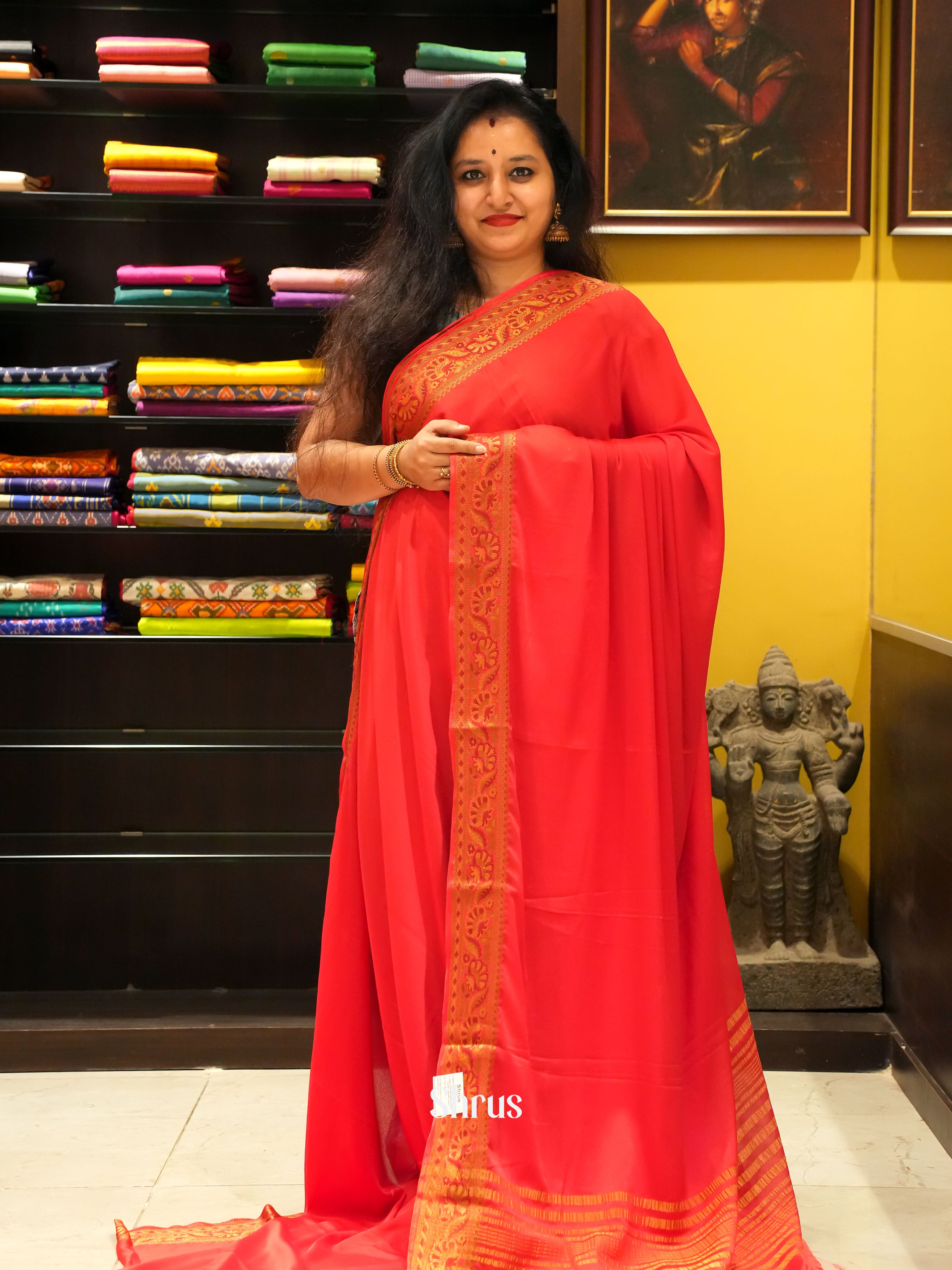 Red(single Tone)- Semi Mysore Silk Saree - Shop on ShrusEternity.com