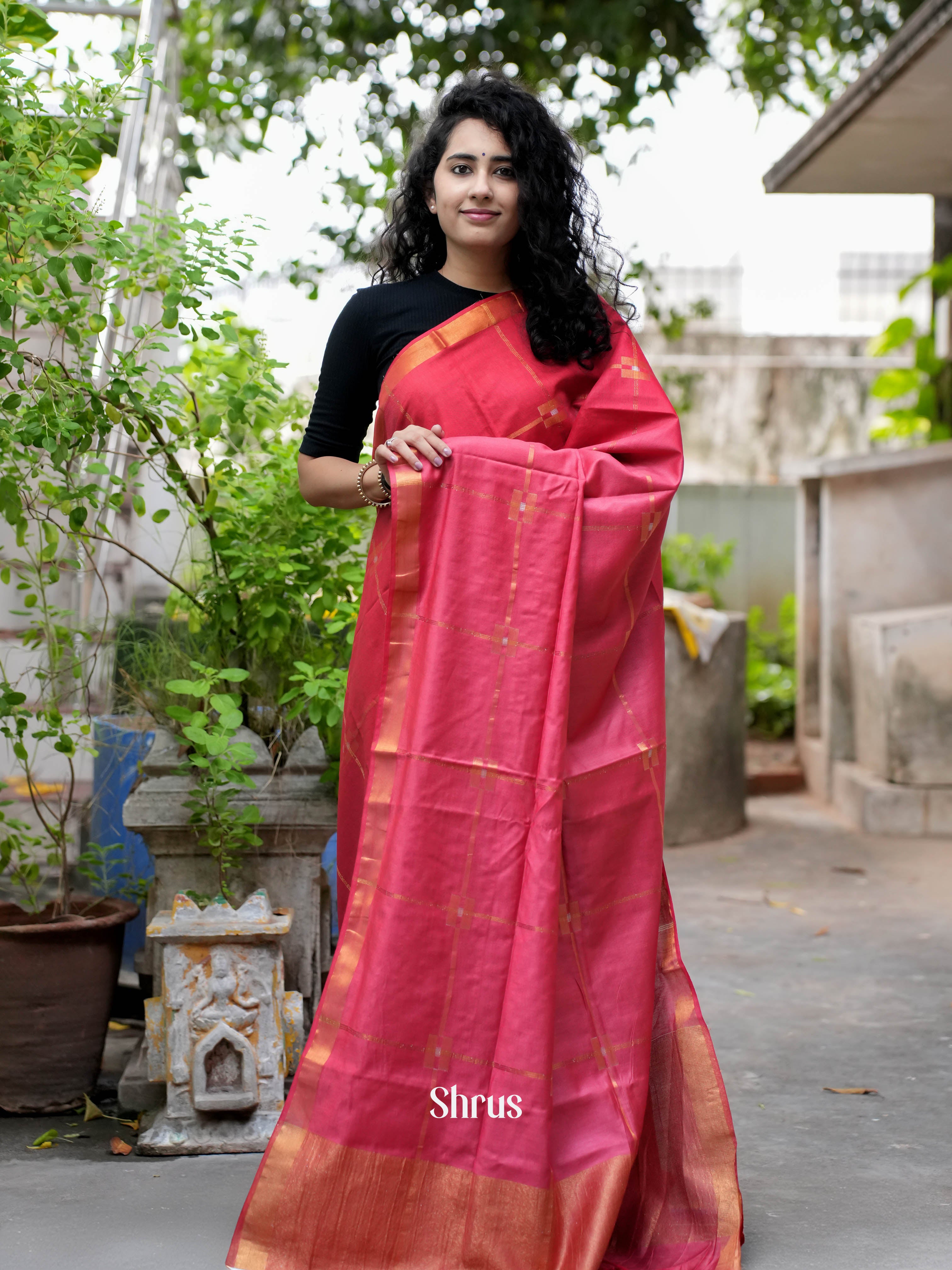 Red(Single Tone)- Semi Tussar Saree - Shop on ShrusEternity.com