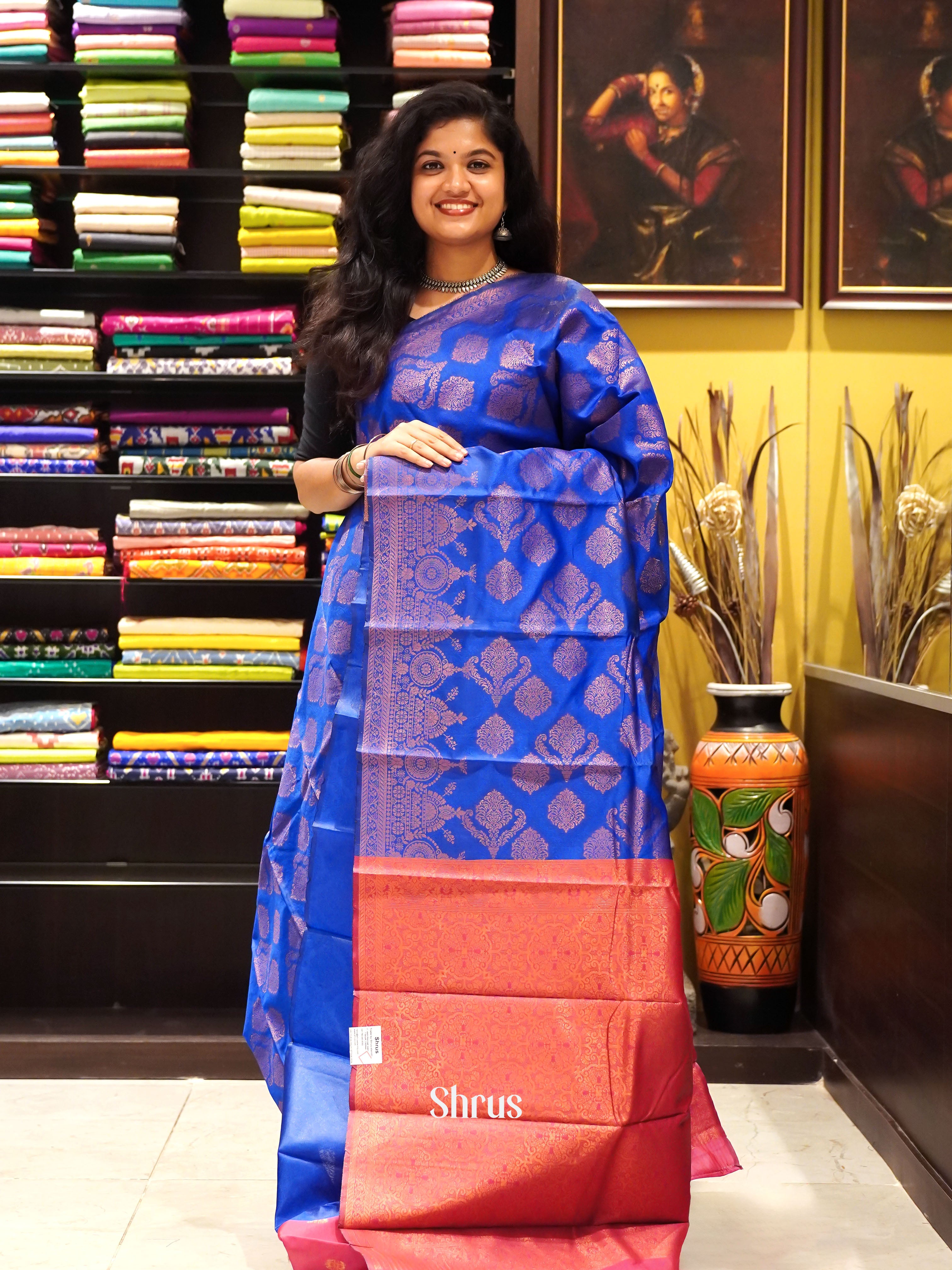 Blue & Pink - Semi Softsilk Saree - Shop on ShrusEternity.com