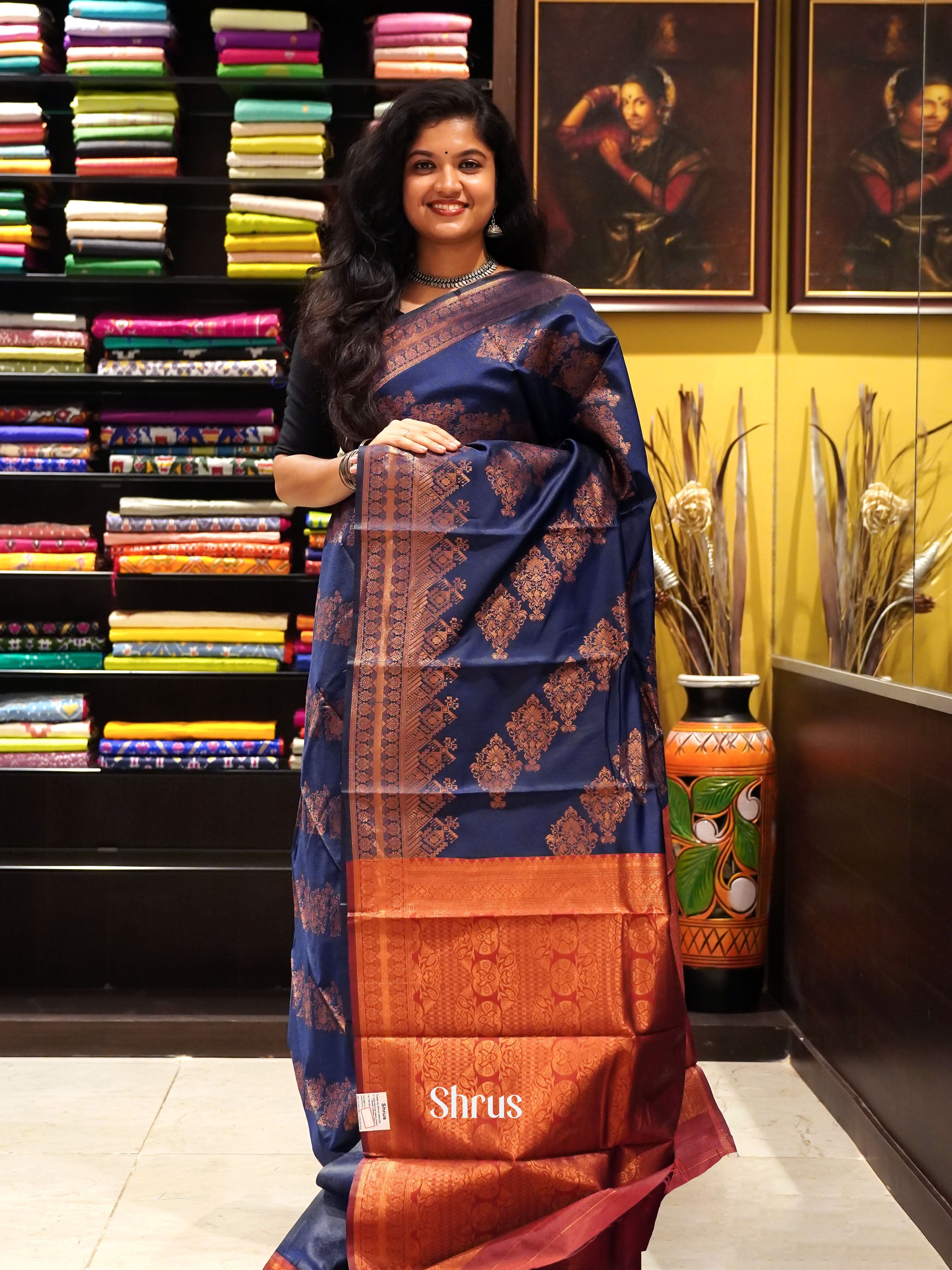Navy Blue & Maroon - Semi Softsilk Saree - Shop on ShrusEternity.com