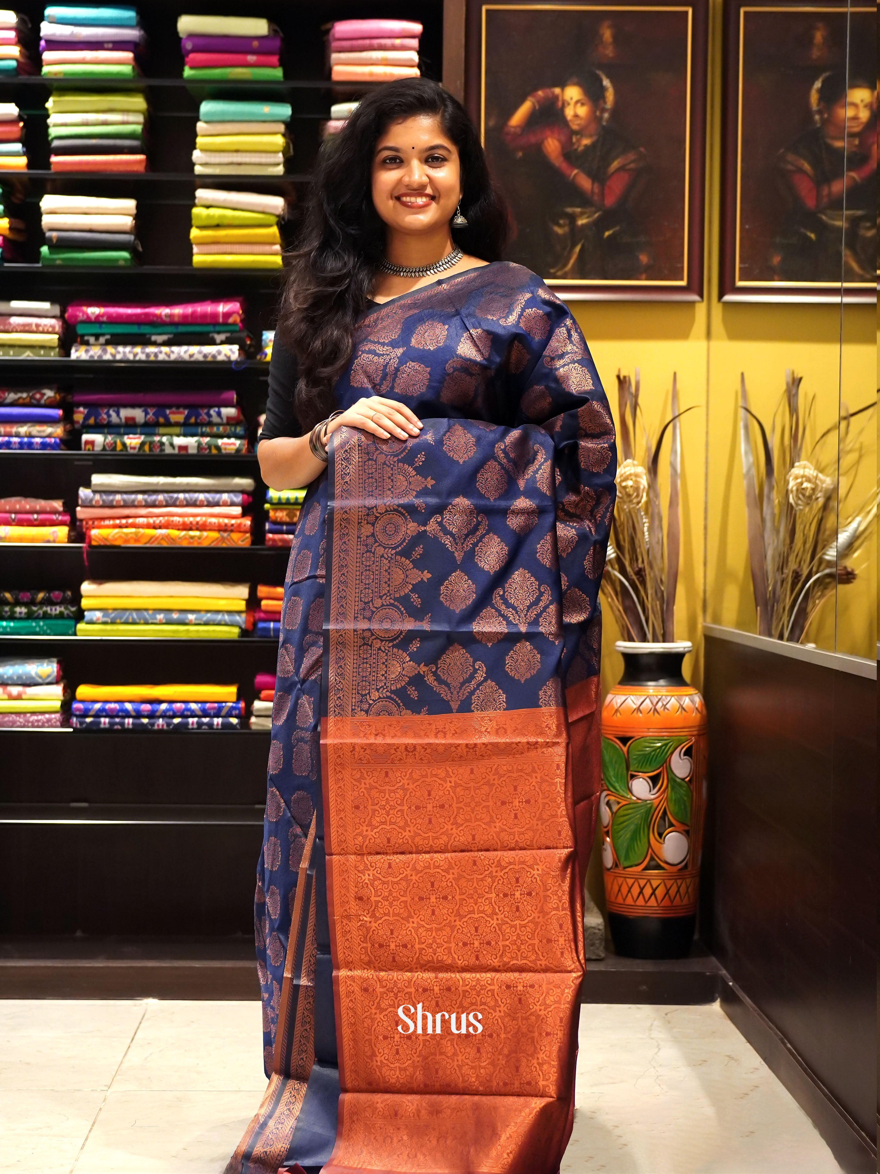 Navy Blue & Maroon - Semi Softsilk Saree - Shop on ShrusEternity.com