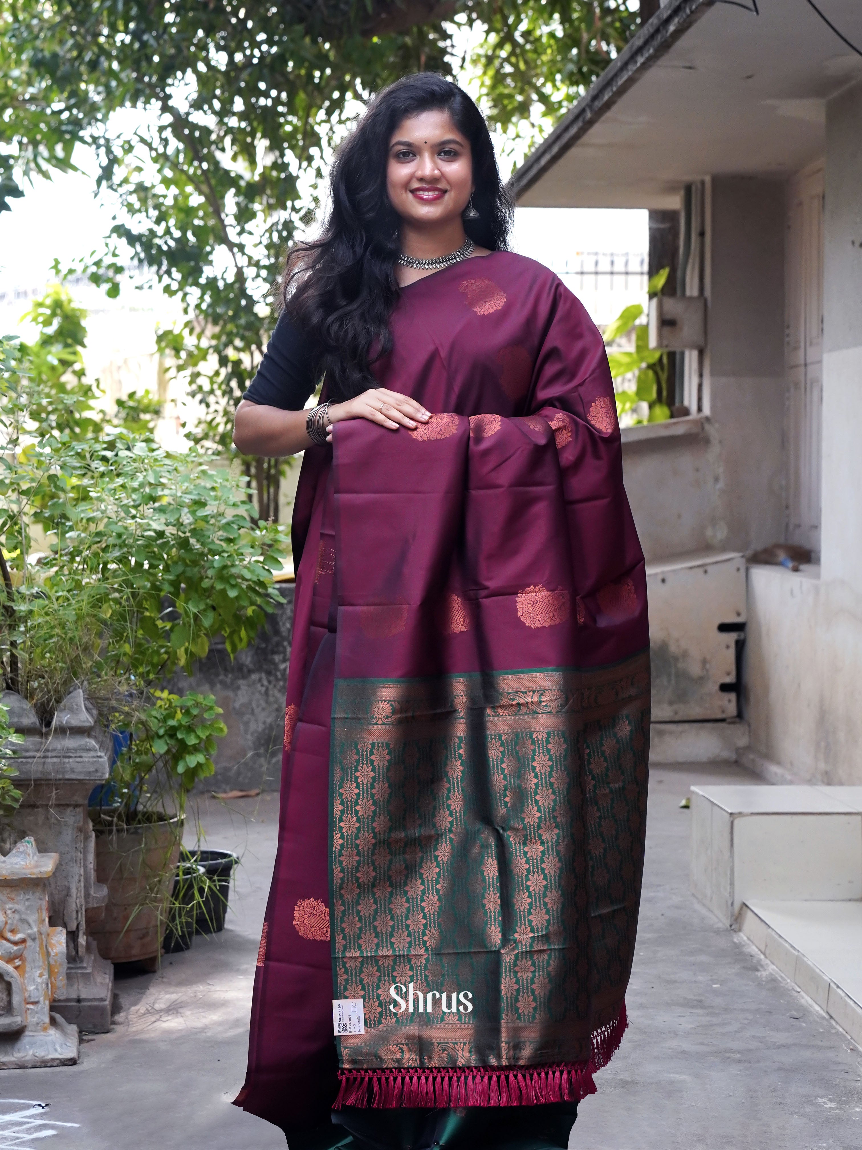 Brown & Green -Semi softsilk Saree - Shop on ShrusEternity.com