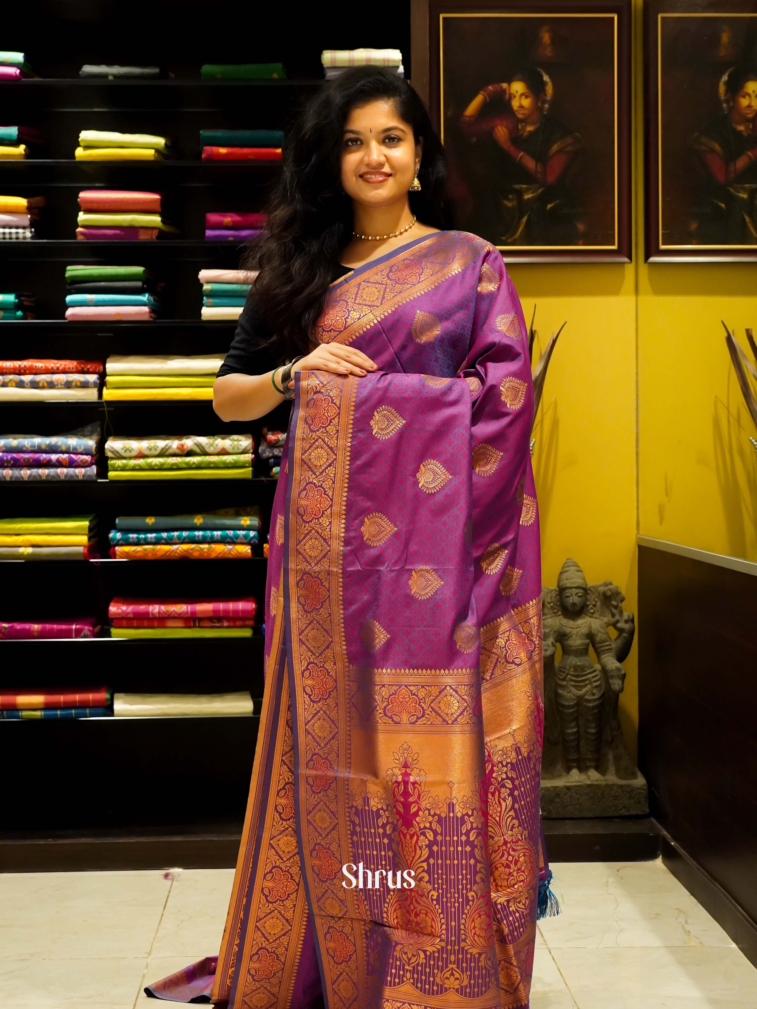 Pink(Single Tone) - Semi Kanchipuram Saree - Shop on ShrusEternity.com