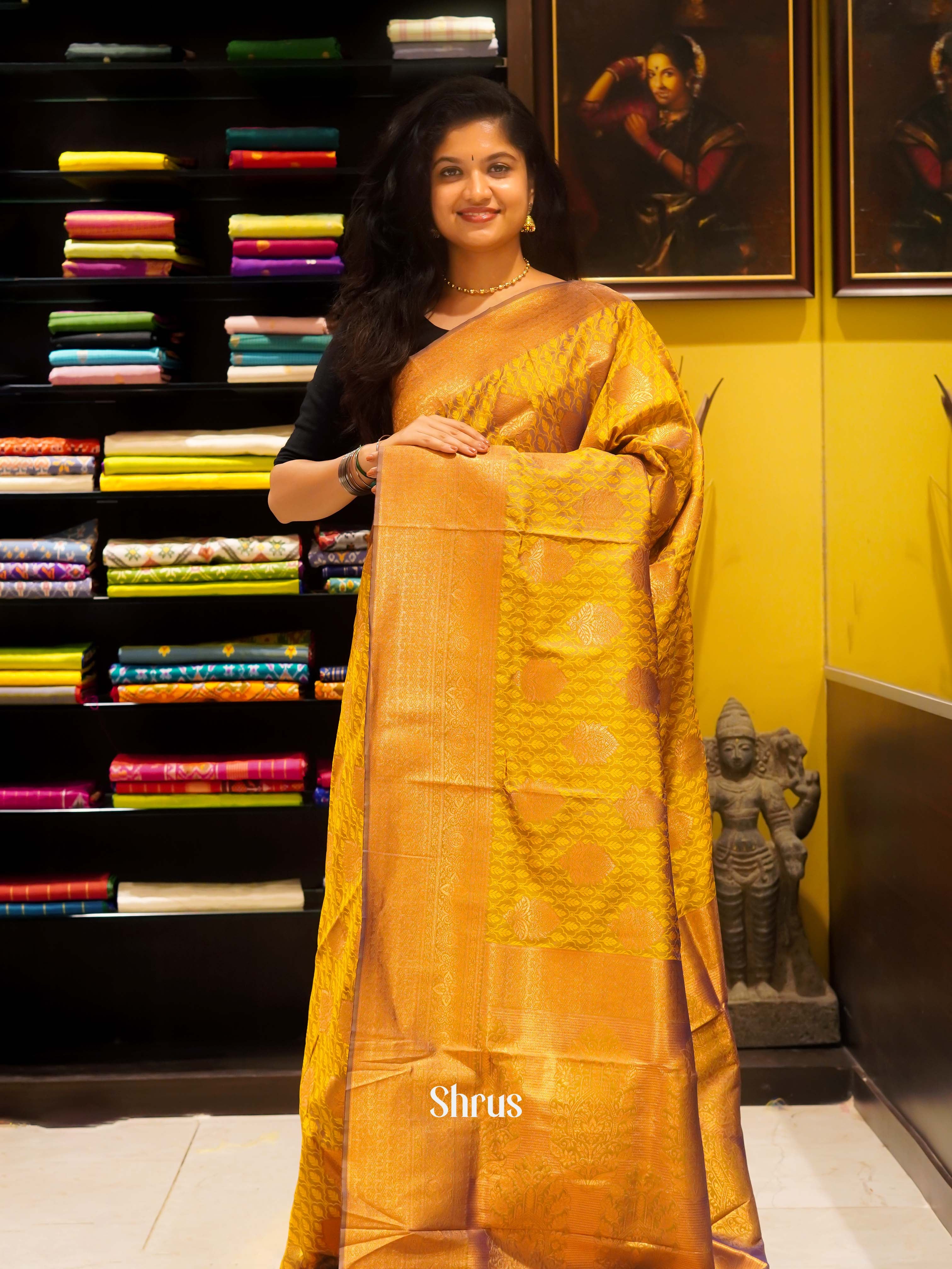 Mustard(Single Tone) - Semi Kanchipuram Saree - Shop on ShrusEternity.com