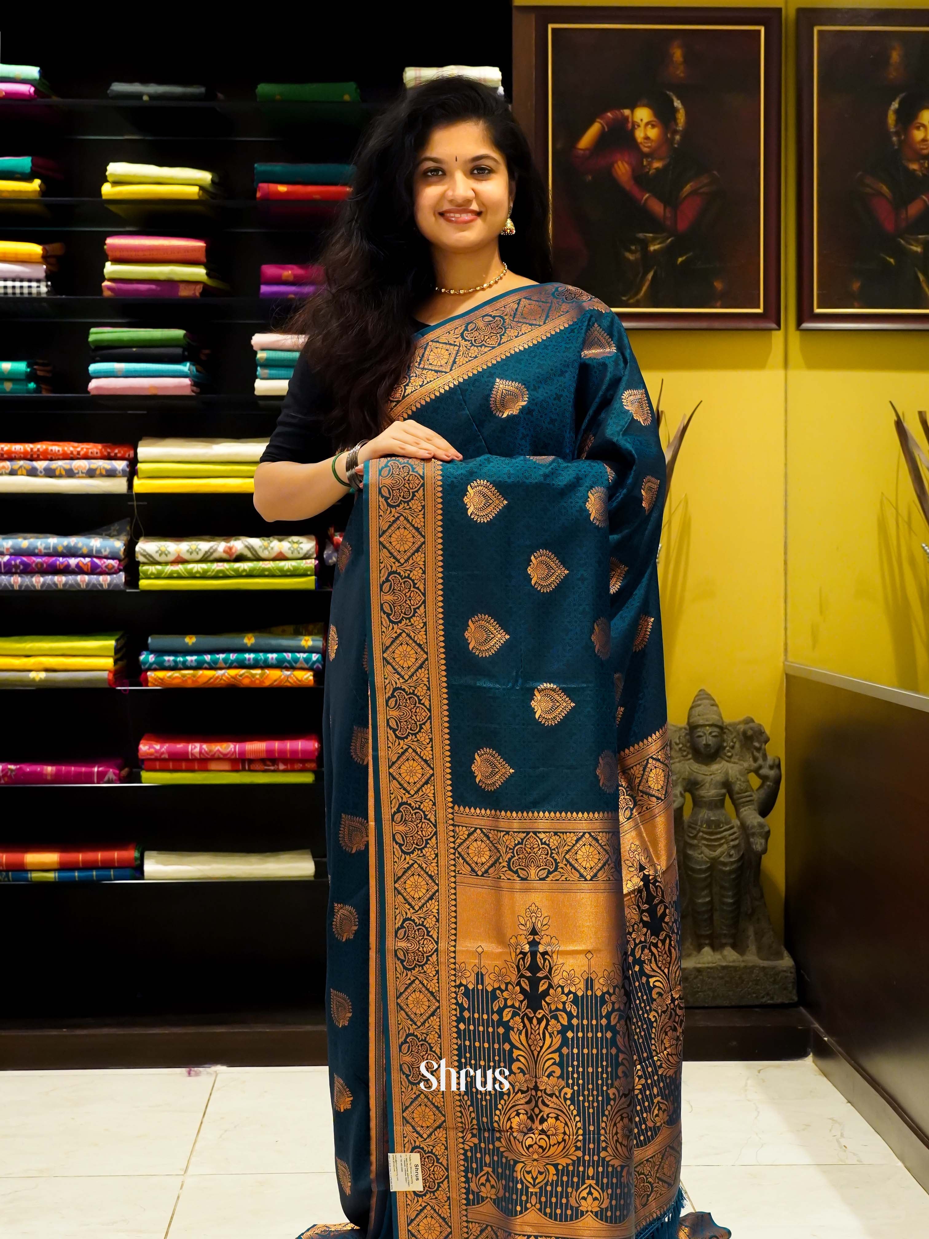 Peacock Blue(SIngle Tone) - Semi Kanchipuram Saree - Shop on ShrusEternity.com