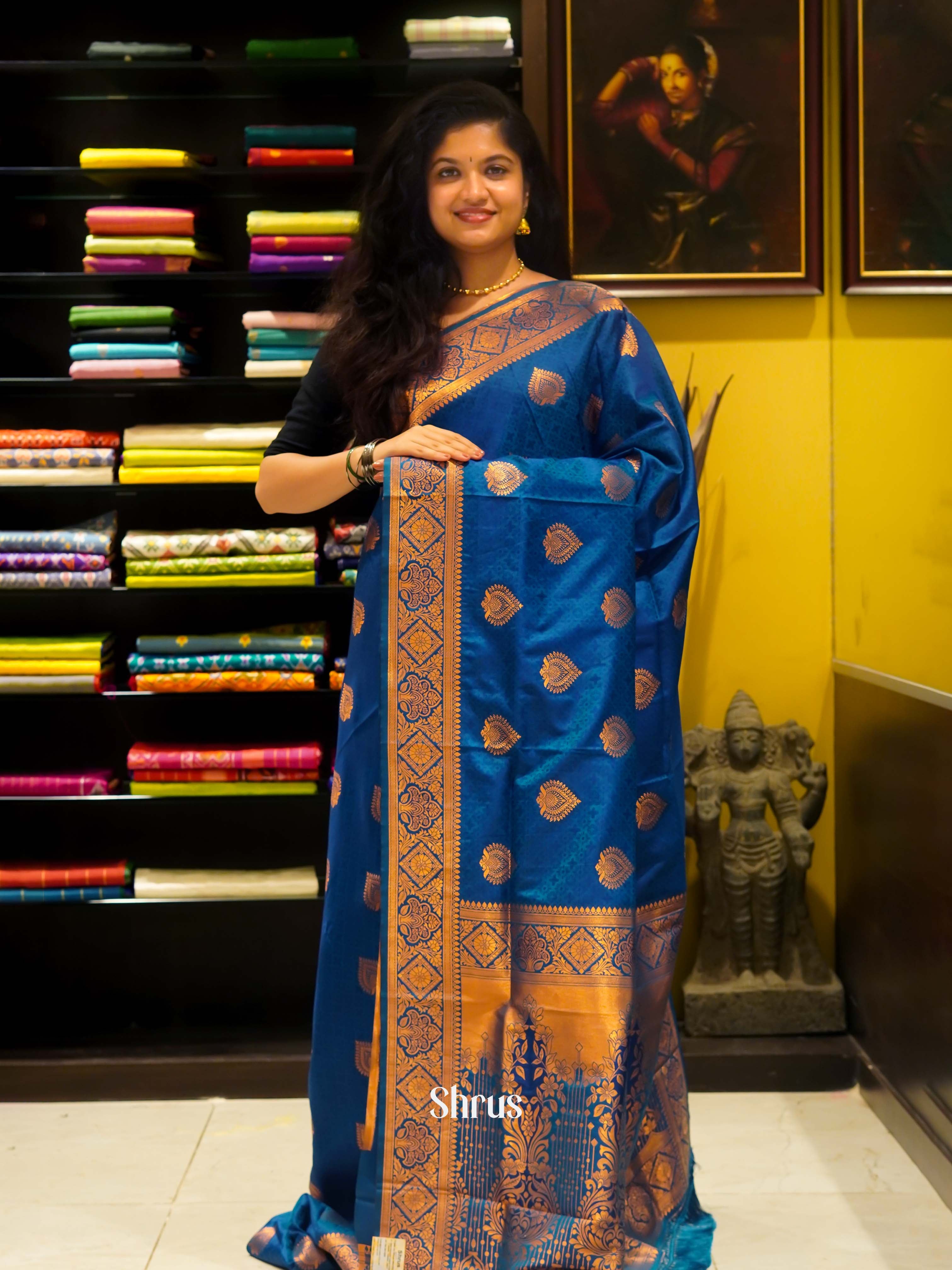 Blue(Single Tone) - Semi Kanchipuram Saree - Shop on ShrusEternity.com